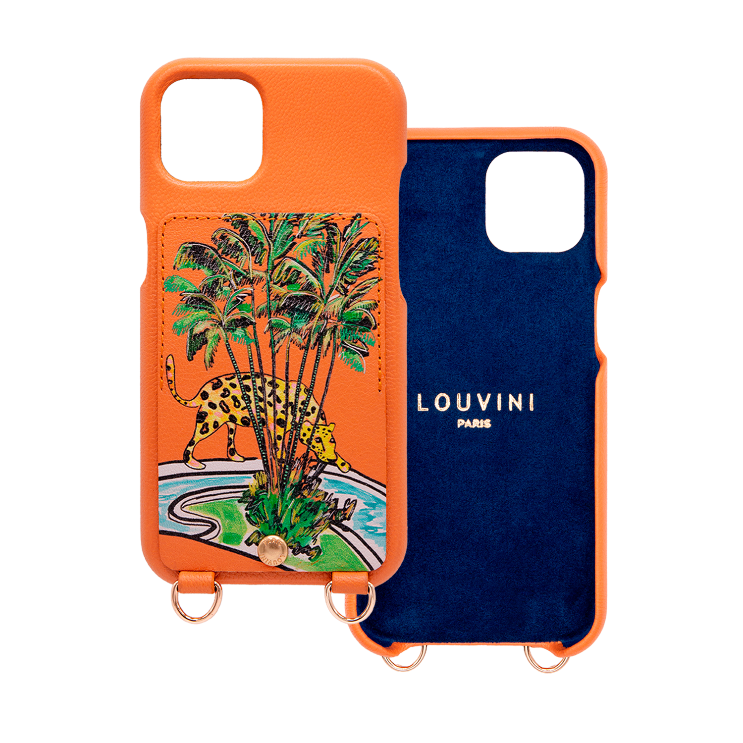 Coque iPhone cuir porte-carte avec anneaux LOU x FILIPE JARDIM - Orange