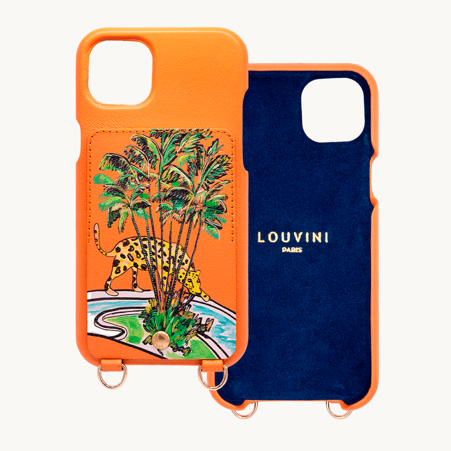 Coque iPhone cuir porte-carte avec anneaux LOU x FILIPE JARDIM - Orange