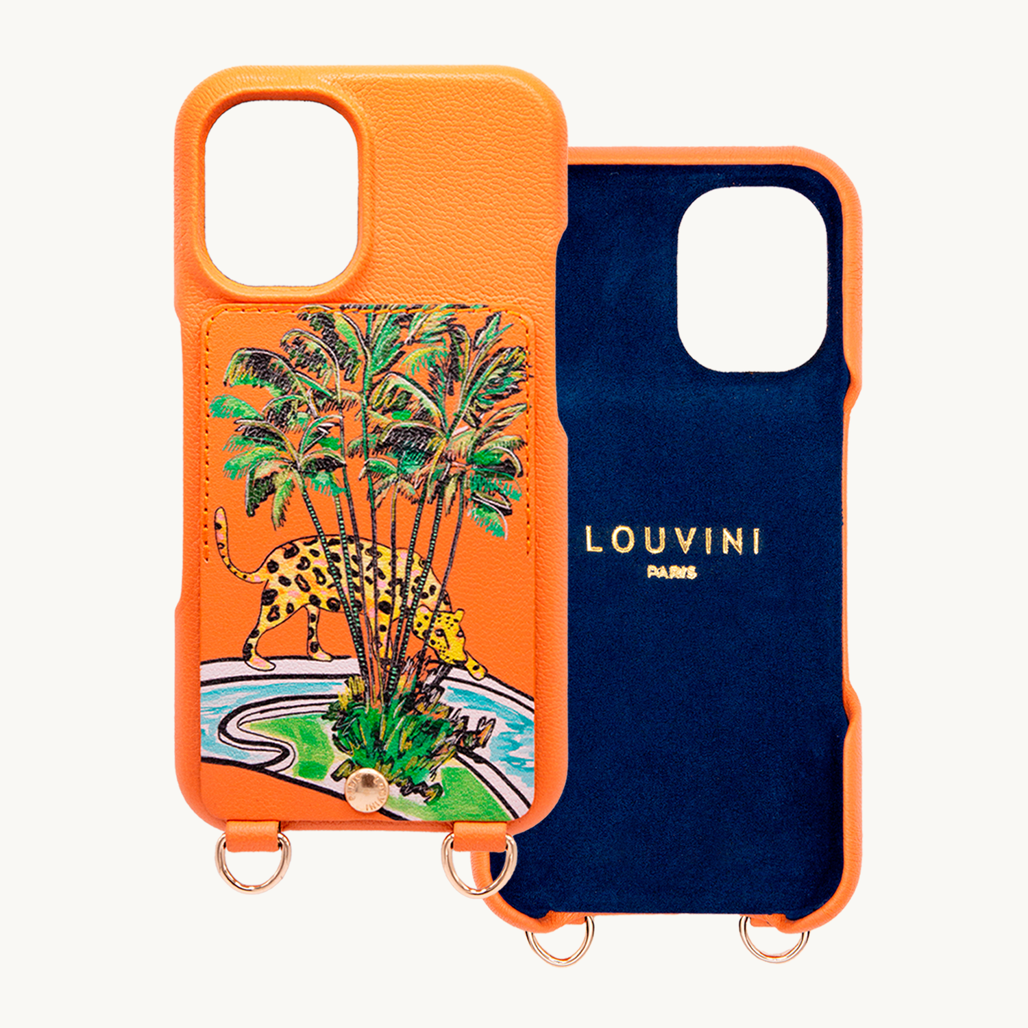 Coque iPhone cuir porte-carte avec anneaux LOU x FILIPE JARDIM - Orange