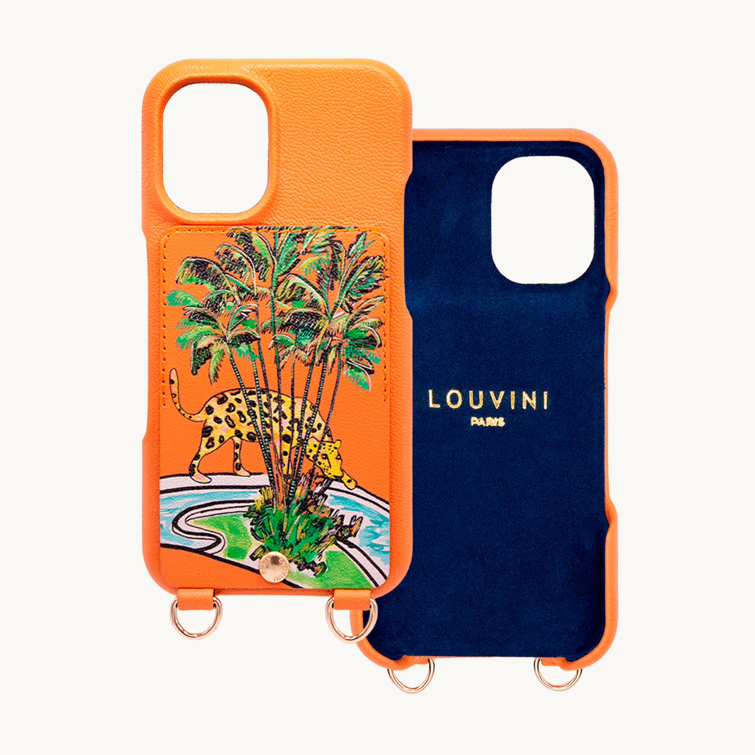 Coque iPhone cuir porte-carte avec anneaux LOU x FILIPE JARDIM - Orange