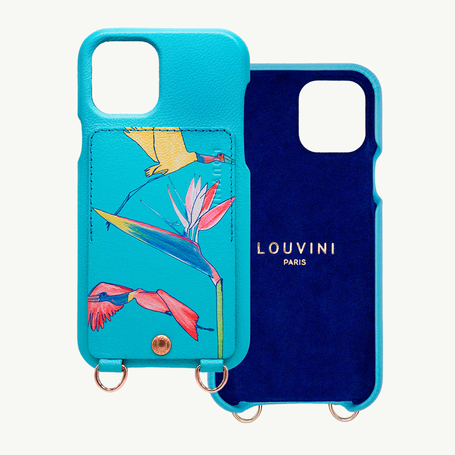 Coque iPhone cuir porte-carte avec anneaux LOU x FILIPE JARDIM - Turquoise