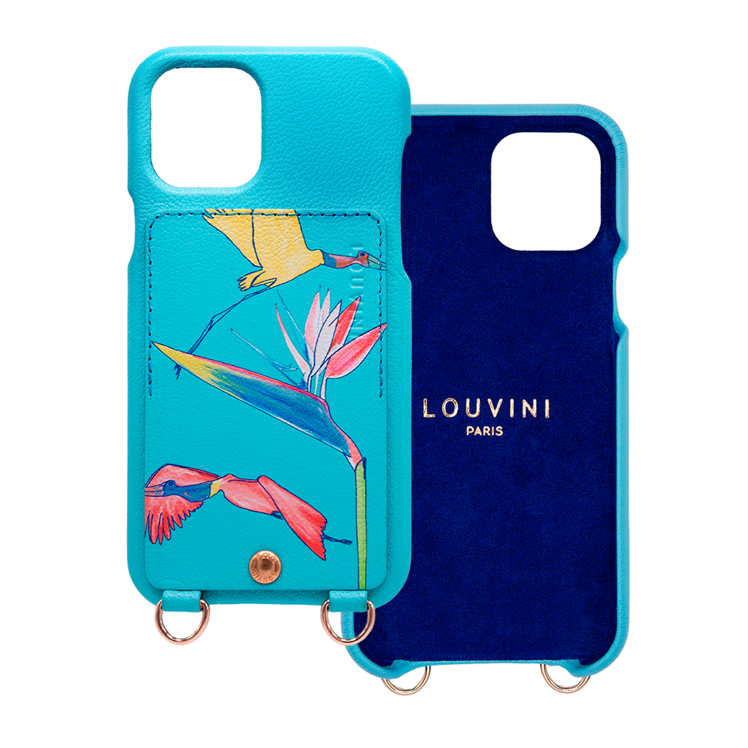 Coque iPhone cuir porte-carte avec anneaux LOU x FILIPE JARDIM - Turquoise