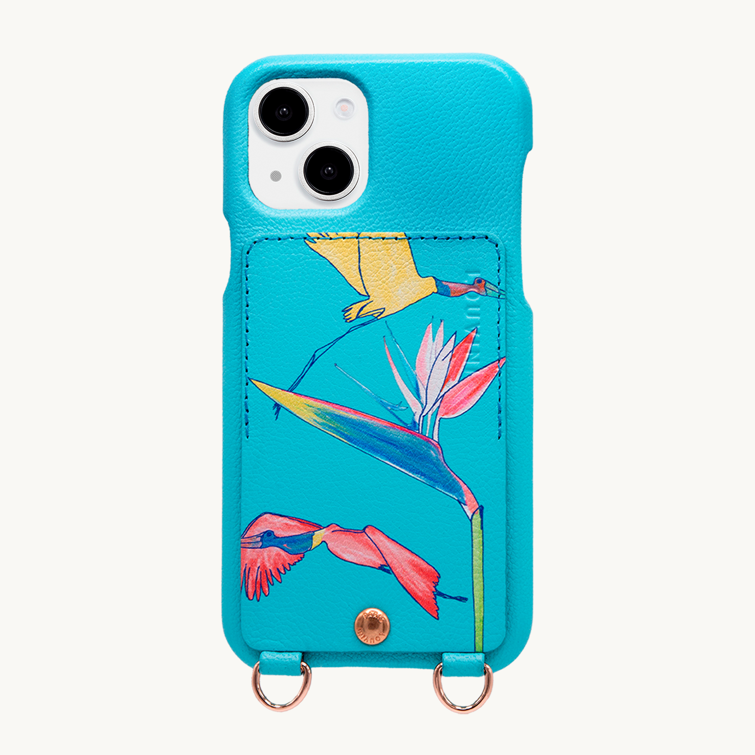 Coque iPhone cuir porte-carte avec anneaux LOU x FILIPE JARDIM - Turquoise