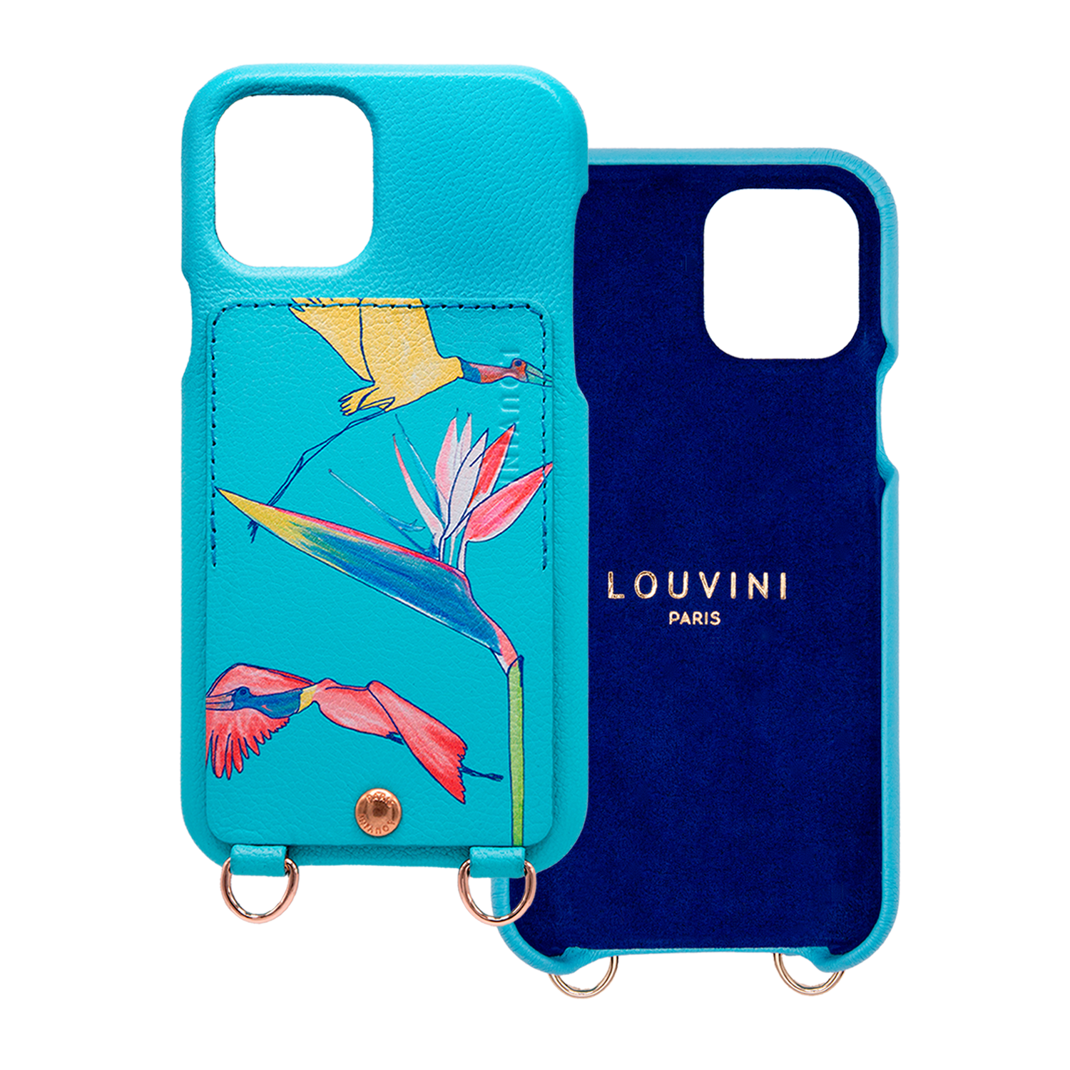 Coque iPhone cuir porte-carte avec anneaux LOU x FILIPE JARDIM - Turquoise