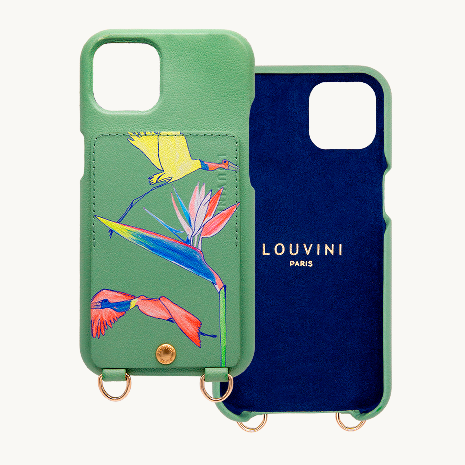 Coque iPhone cuir porte-carte avec anneaux LOU x FILIPE JARDIM - Vert clair