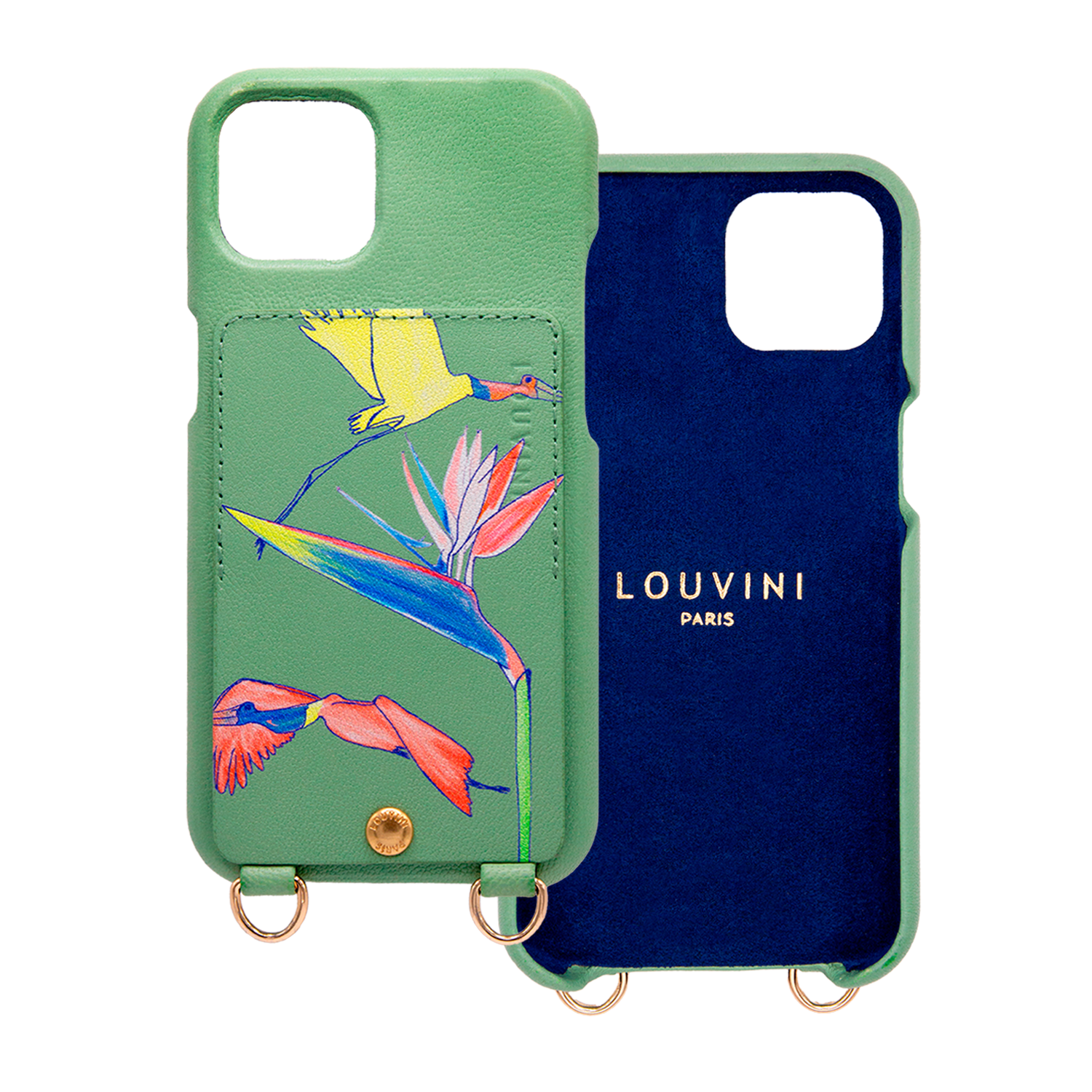Coque iPhone cuir porte-carte avec anneaux LOU x FILIPE JARDIM - Vert clair