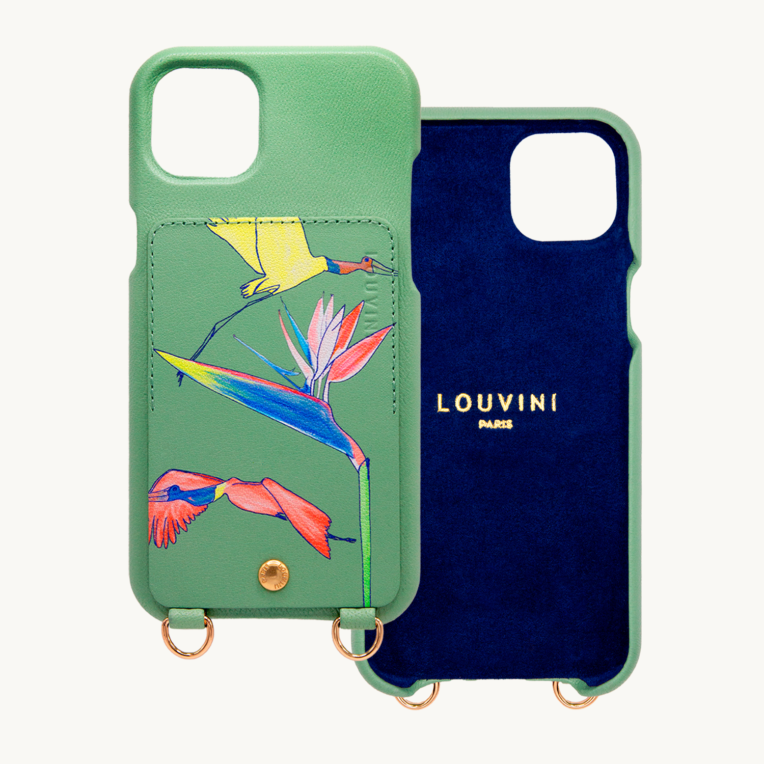 Coque iPhone cuir porte-carte avec anneaux LOU x FILIPE JARDIM - Vert clair