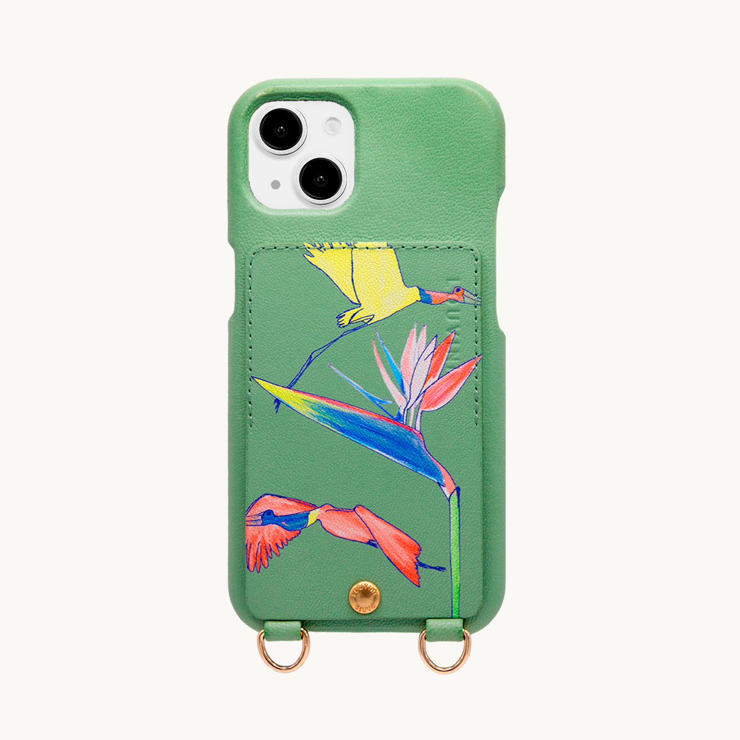 Coque iPhone cuir porte-carte avec anneaux LOU x FILIPE JARDIM - Vert clair