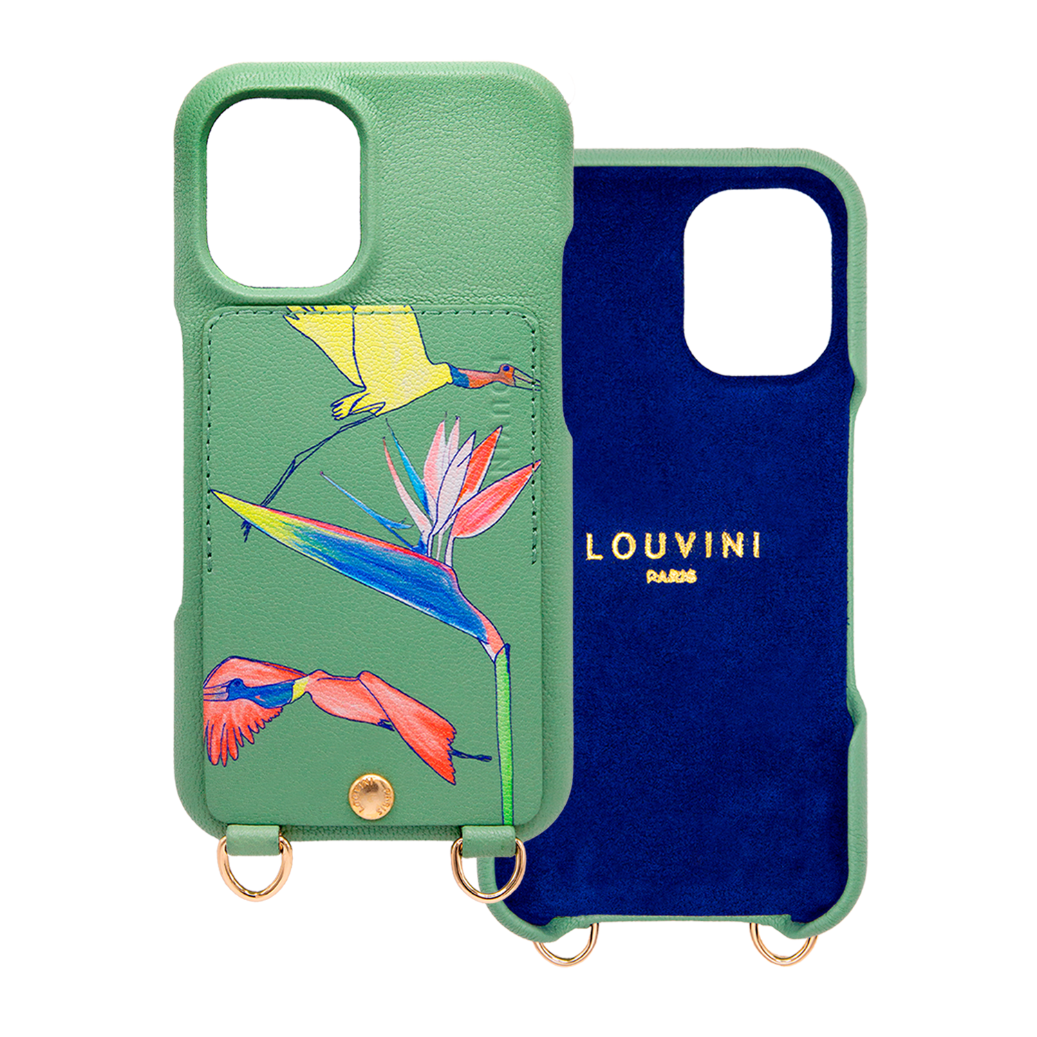 Coque iPhone cuir porte-carte avec anneaux LOU x FILIPE JARDIM - Vert clair