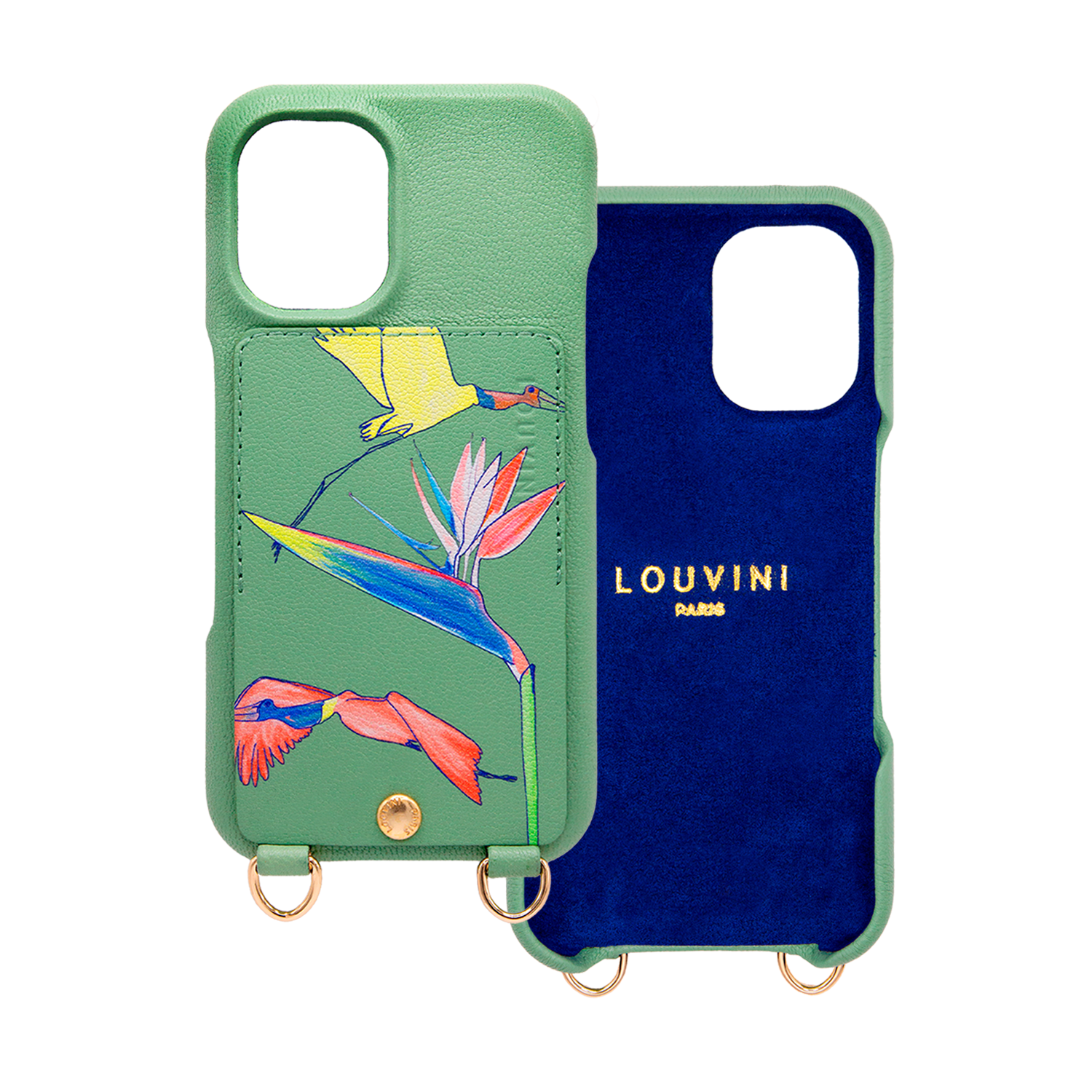 Coque iPhone cuir porte-carte avec anneaux LOU x FILIPE JARDIM - Vert clair