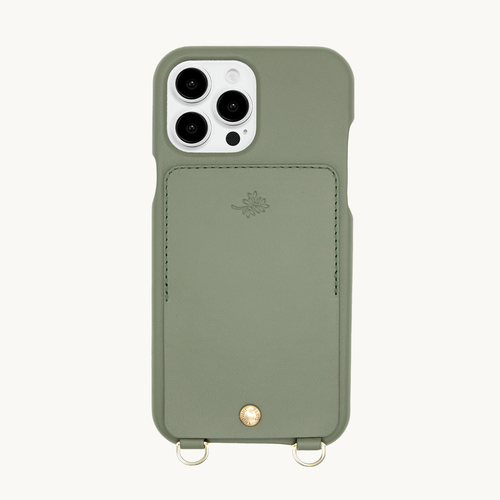 Coque iPhone avec étui en cuir kaki anneaux dorés