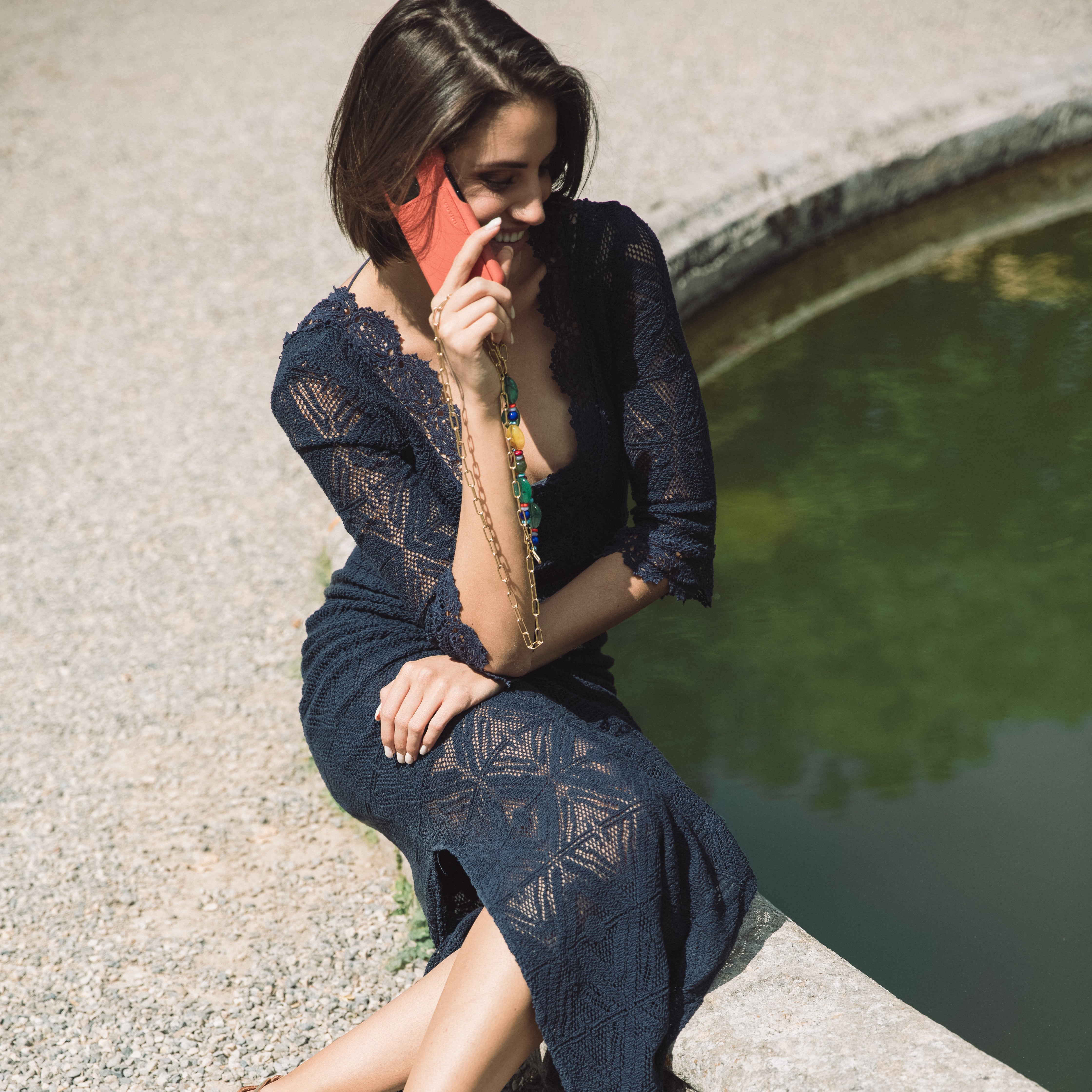 ensemble coque iPhone étui en cuir orange avec chaîne