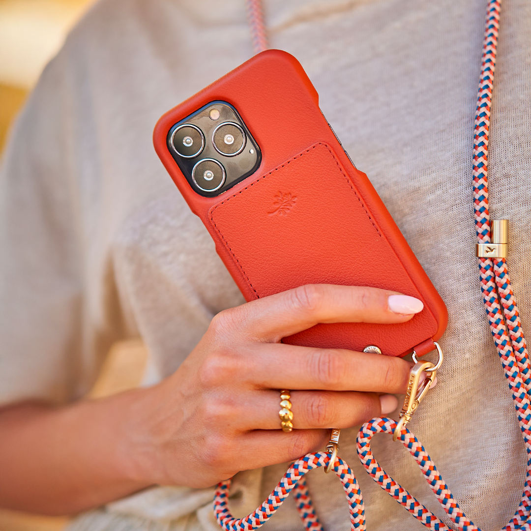 COQUE DE TÉLÉPHONE PORTABLE IPHONE EN CUIR AVEC ANNEAUX ET PORTE CARTE EN ROUGE