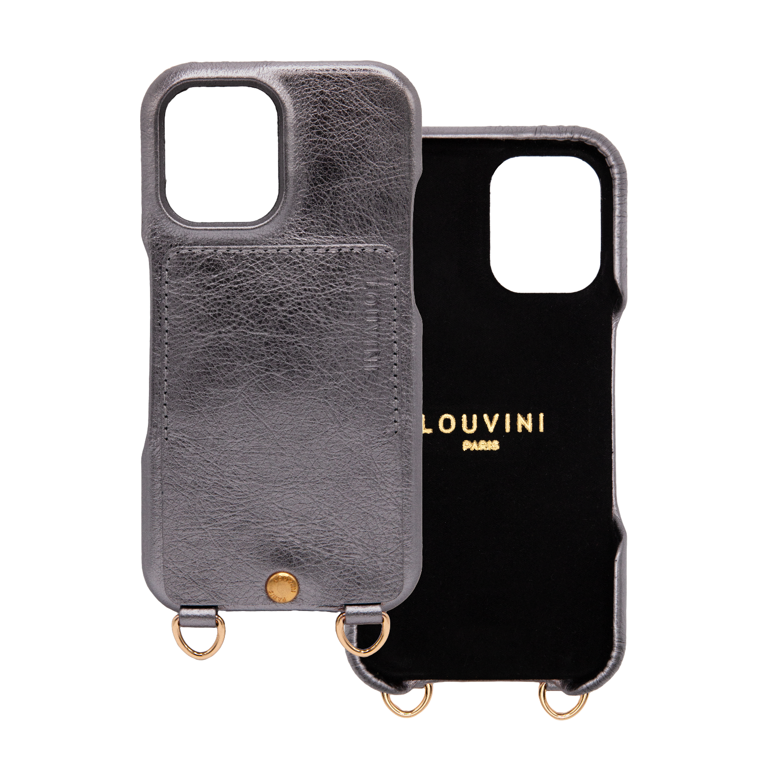 Coque iPhone cuir porte carte avec anneaux LOU - Anthracite Métallisé