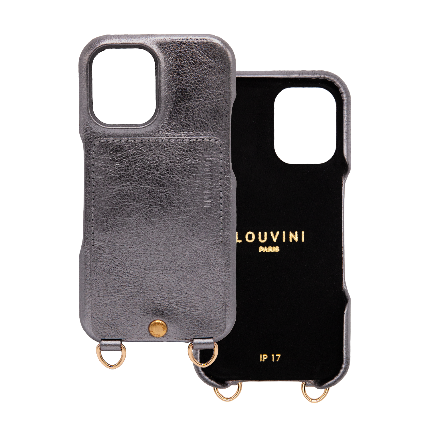 Coque iPhone cuir porte carte avec anneaux LOU - Anthracite Métallisé
