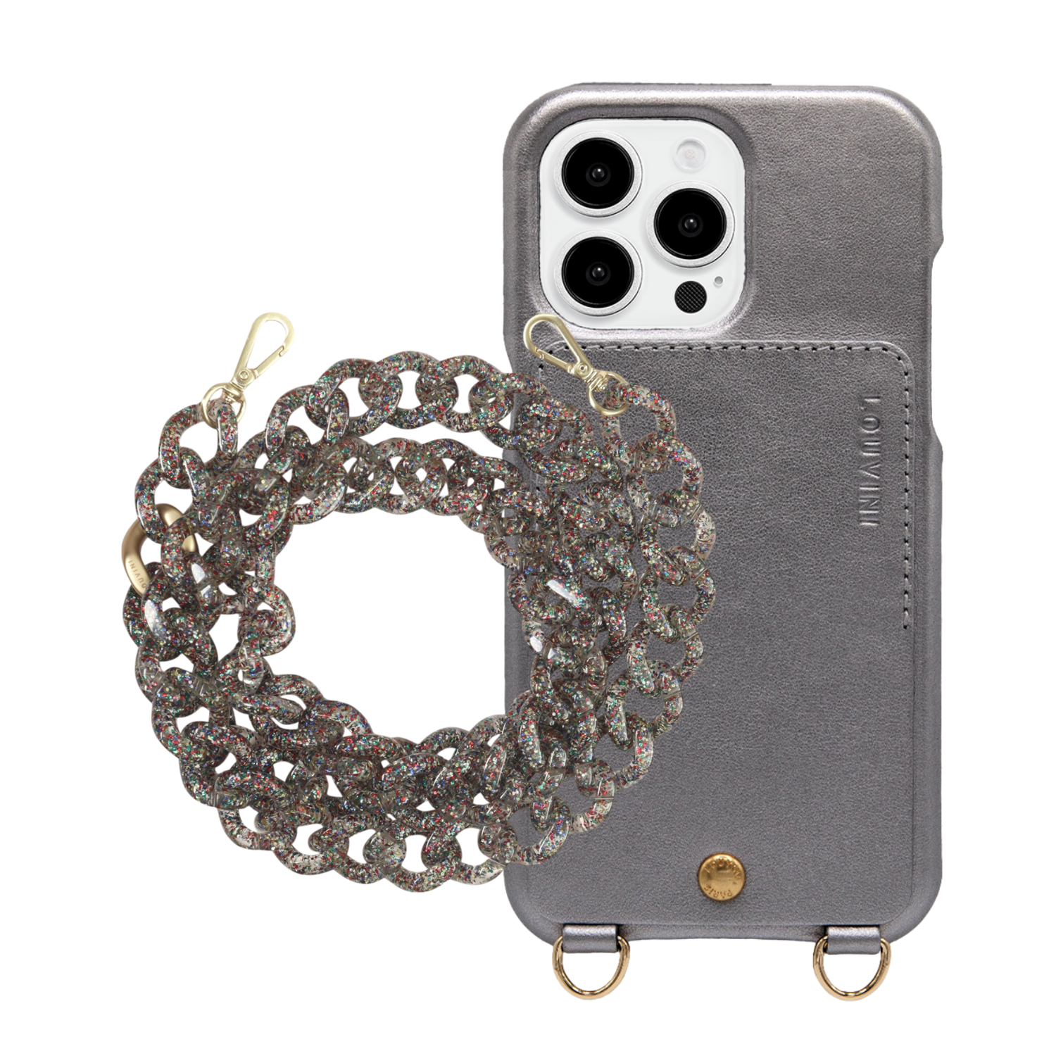 ensemble coque de téléphone anthracite et chaîne paillette
