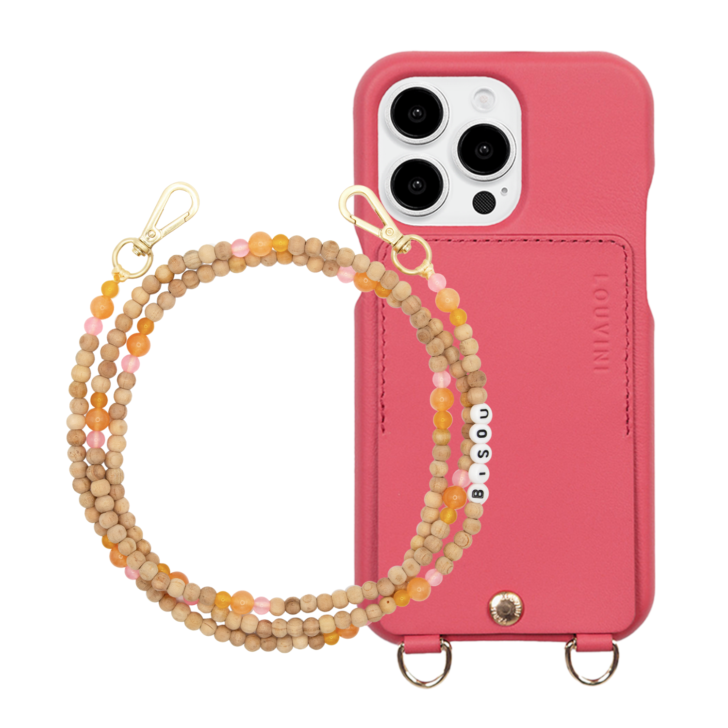 ensemble coque de téléphone avec étui en cuir rose et chaîne perle