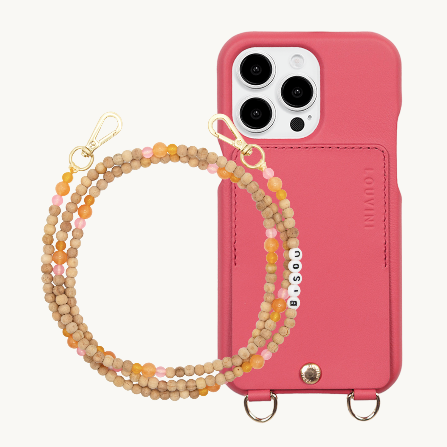 ensemble coque de téléphone avec étui en cuir rose et chaîne perle