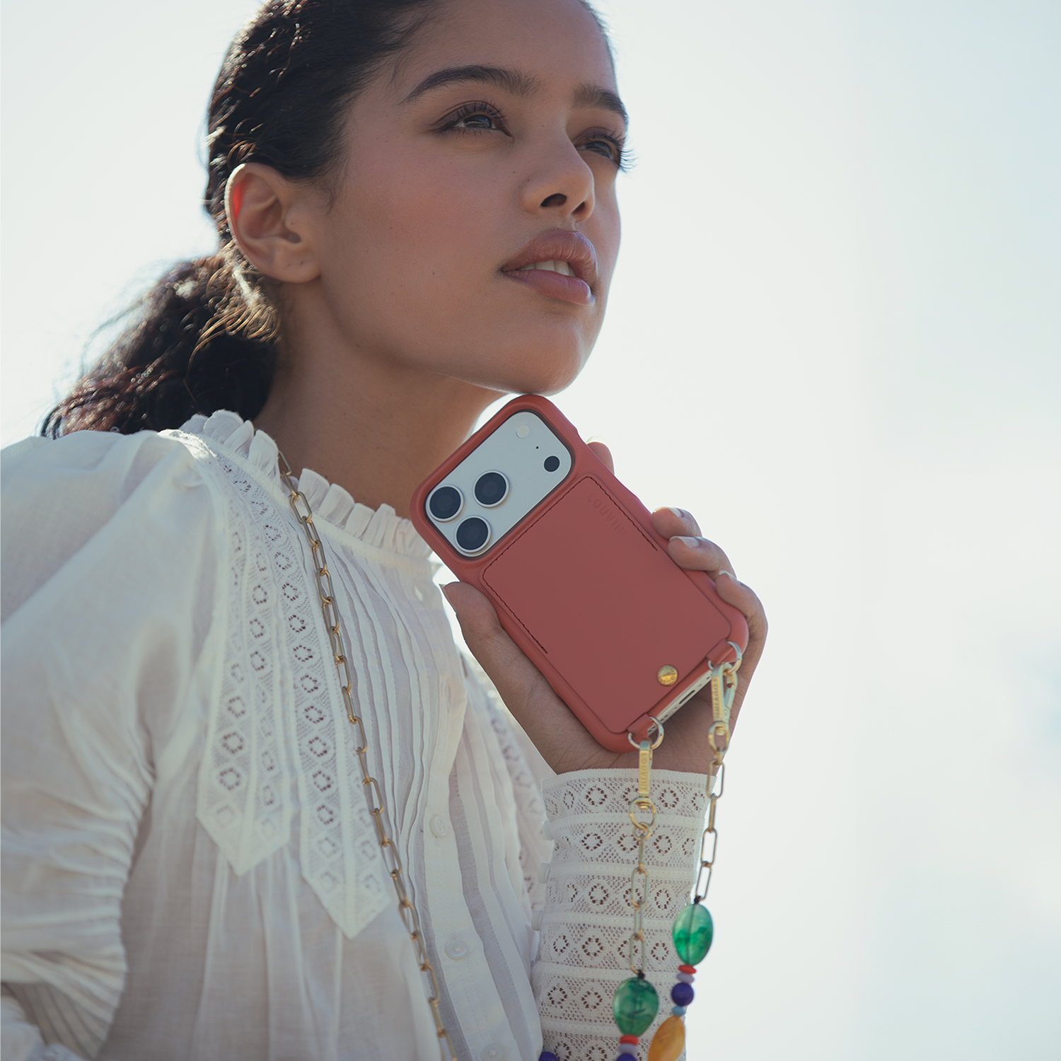Coque iPhone cuir porte carte avec anneaux LOU - Blush