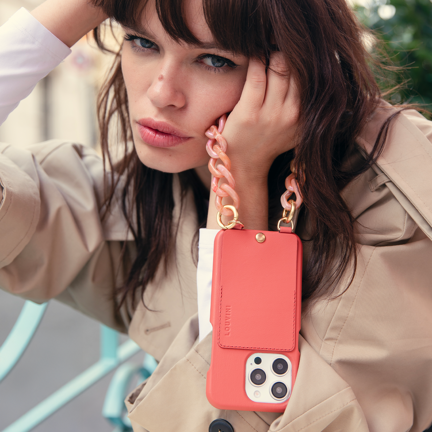 Coque iPhone cuir porte carte avec anneaux LOU - Blush