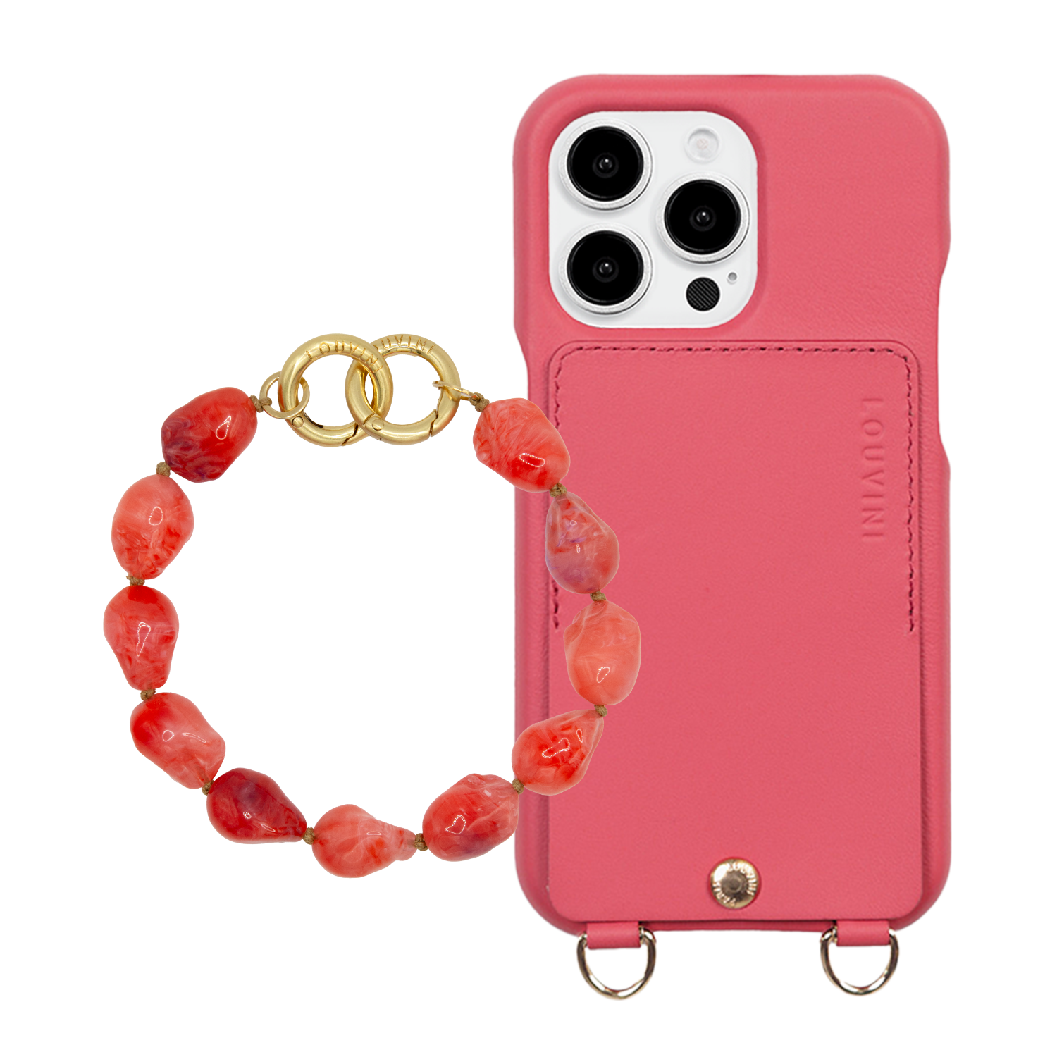 ensemble coque de téléphone avec étui en cuir rose et bracelet corail