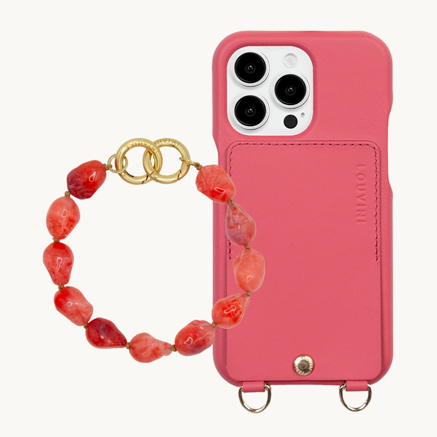 ensemble coque de téléphone avec étui en cuir rose et bracelet corail
