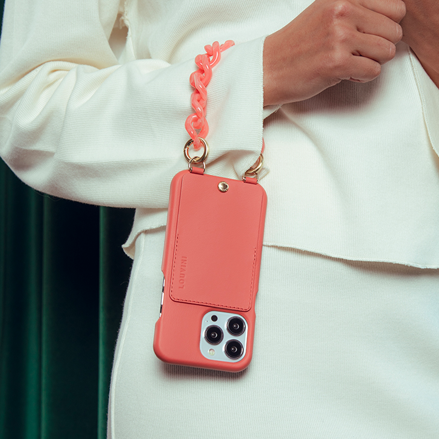 Coque iPhone cuir porte carte avec anneaux LOU - Blush