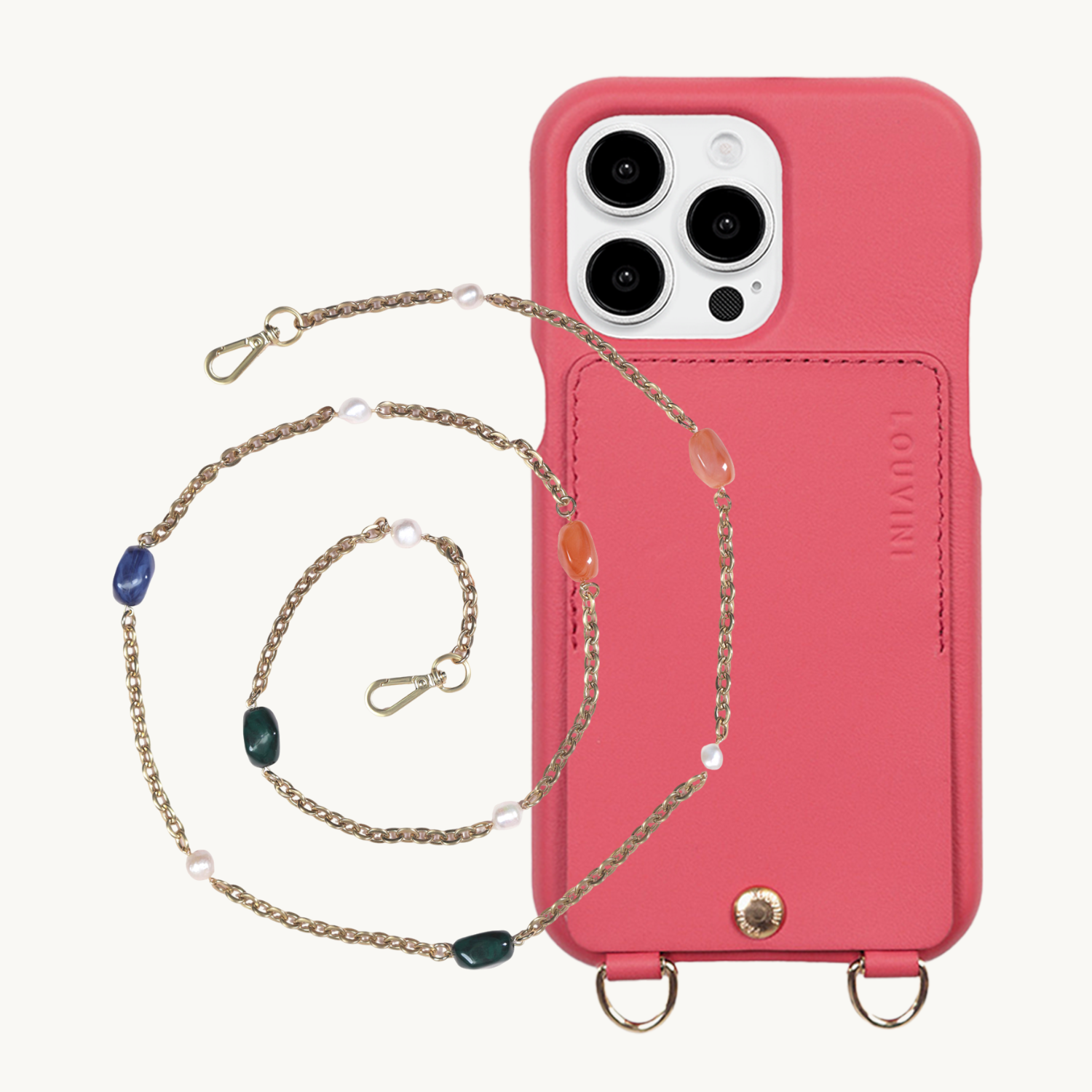 ensemble coque de téléphone avec étui en cuir rose et chaîne YSA
