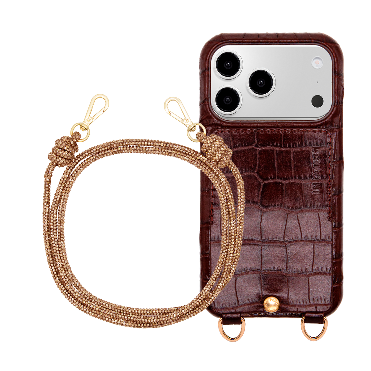 Coque iPhone LOU Crocodile Marron & Cordon KIM Bronze