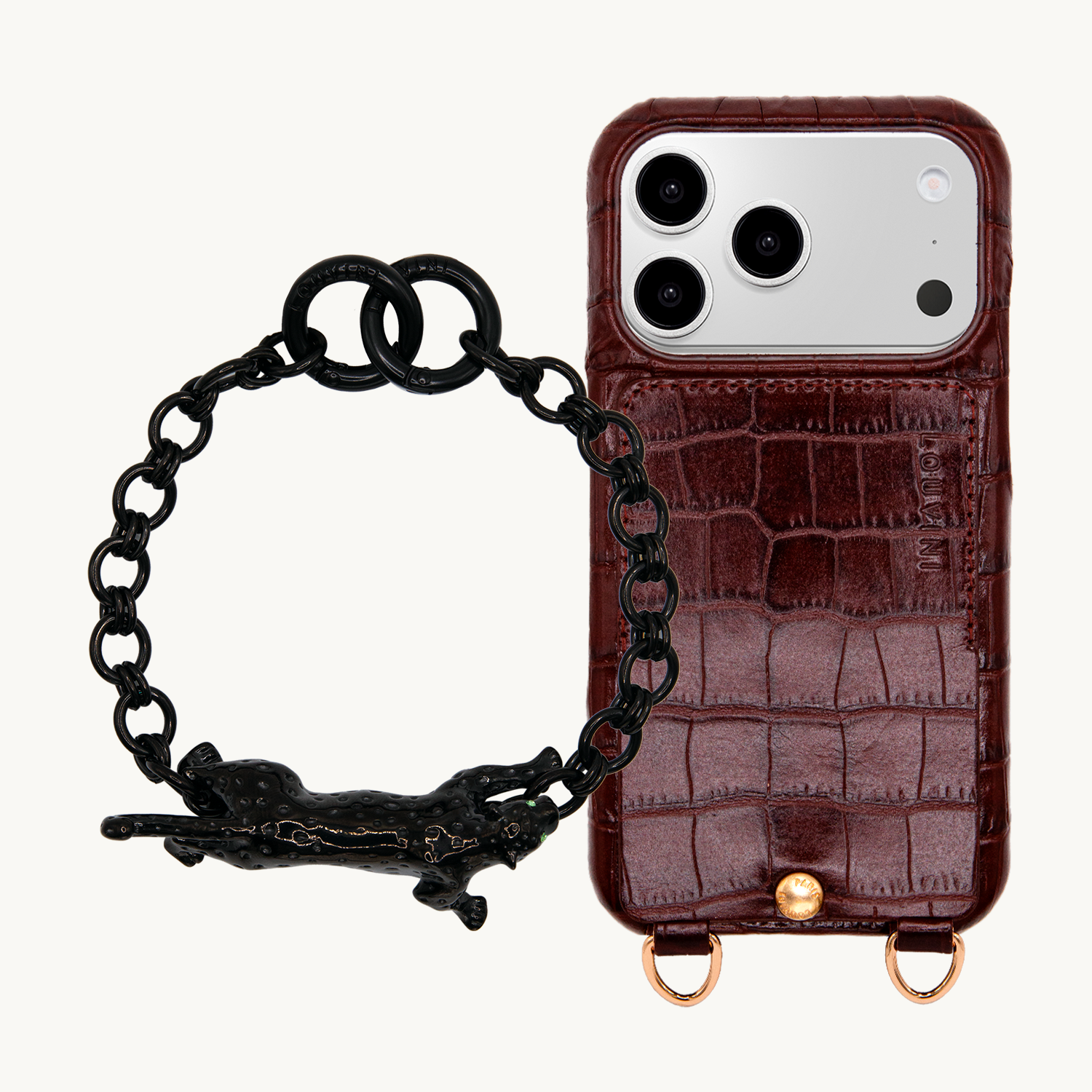Coque iPhone LOU Crocodile Marron & Bracelet PETIT DALIA Léopard Noir