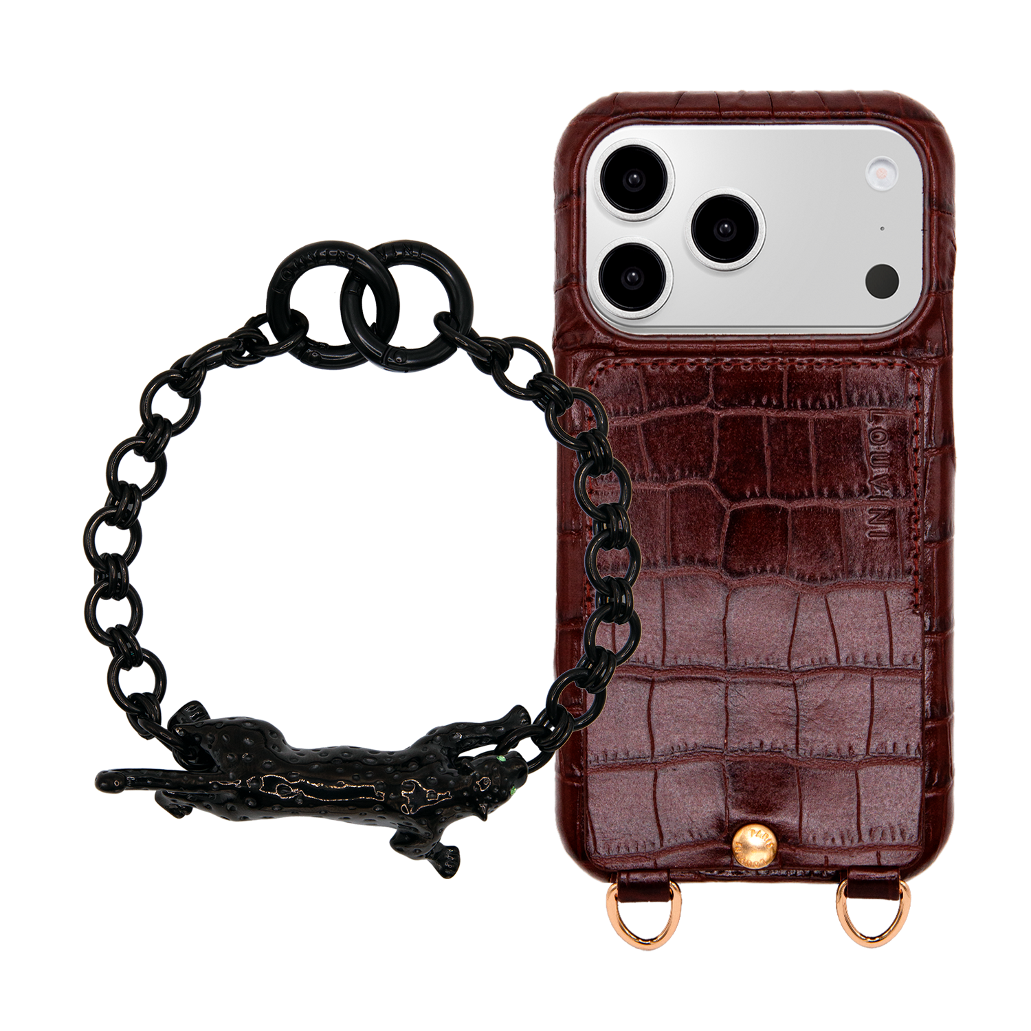 Coque iPhone LOU Crocodile Marron & Bracelet PETIT DALIA Léopard Noir