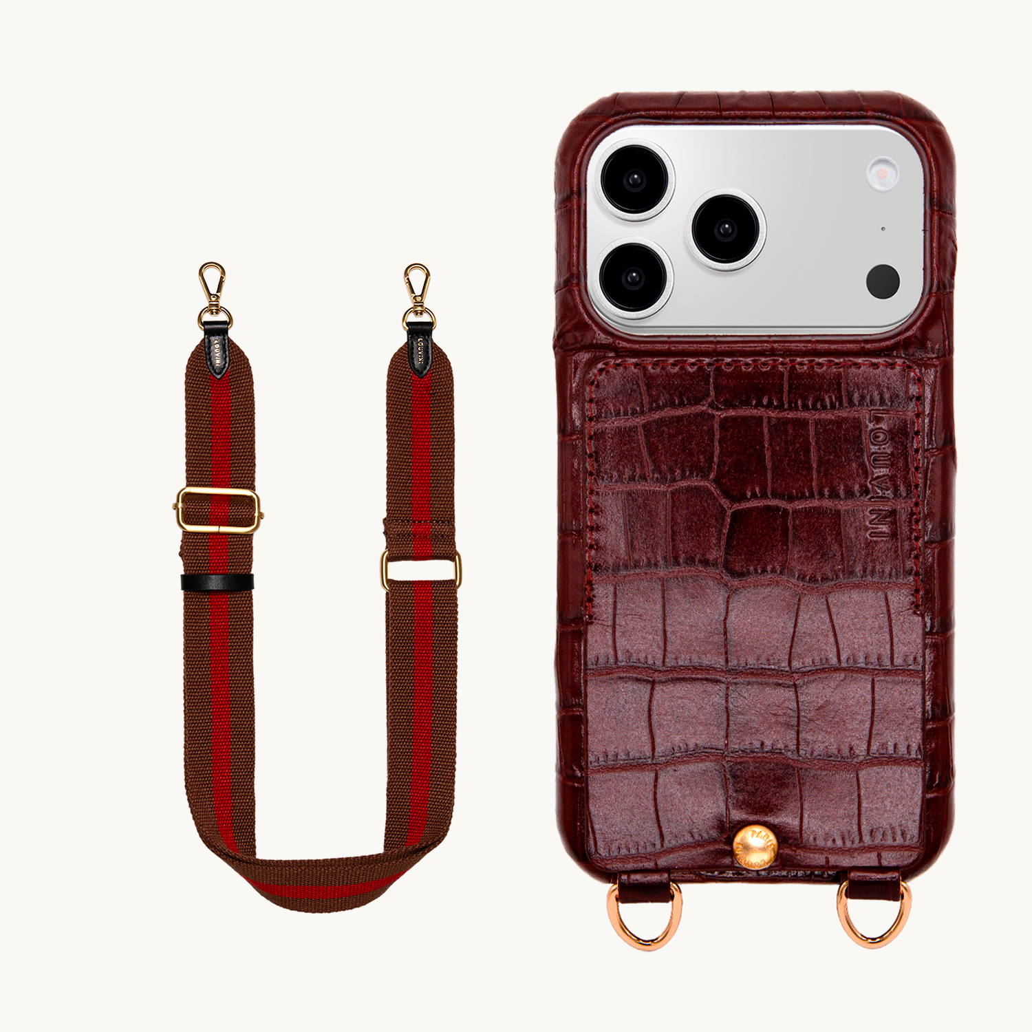 Coque iPhone LOU Crocodile Marron & Bandoulière OLYMPE Bordeaux-Marron
