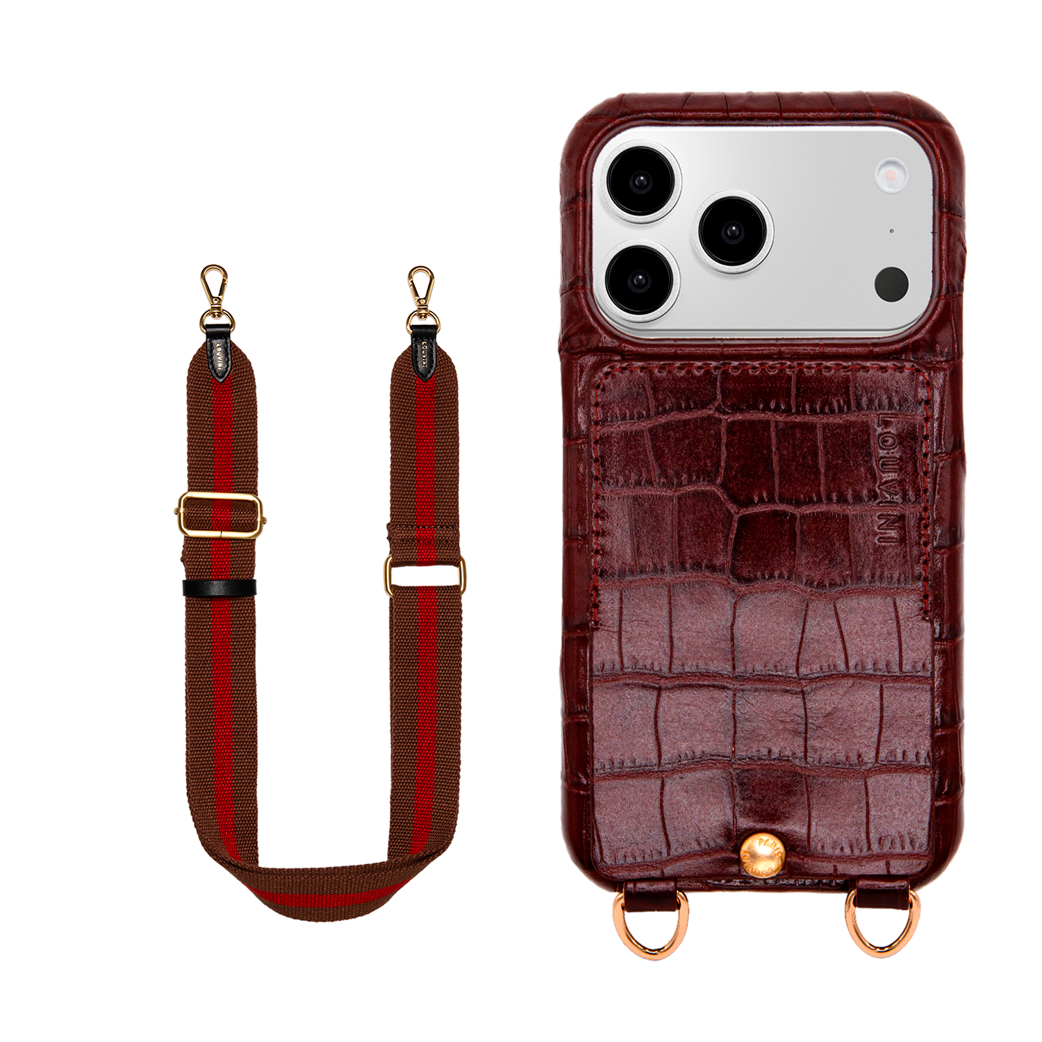 Coque iPhone LOU Crocodile Marron & Bandoulière OLYMPE Bordeaux-Marron