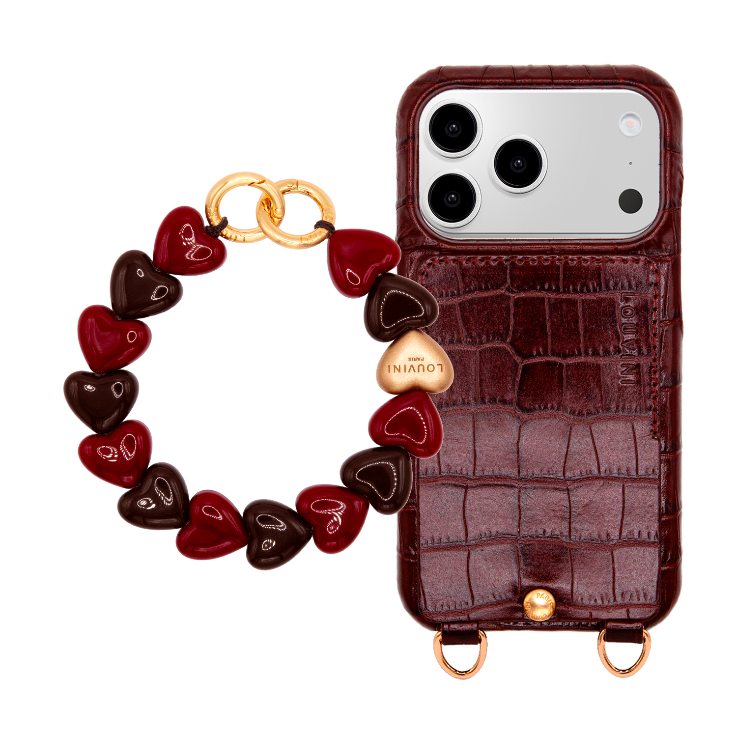 Coque iPhone LOU Crocodile Marron & Bracelet PETIT CUORE Bordeaux-Marron