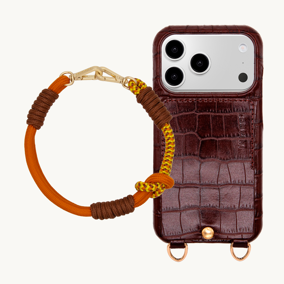 Coque iPhone LOU Crocodile Marron & Bracelet PETIT TESSA Orange Marron