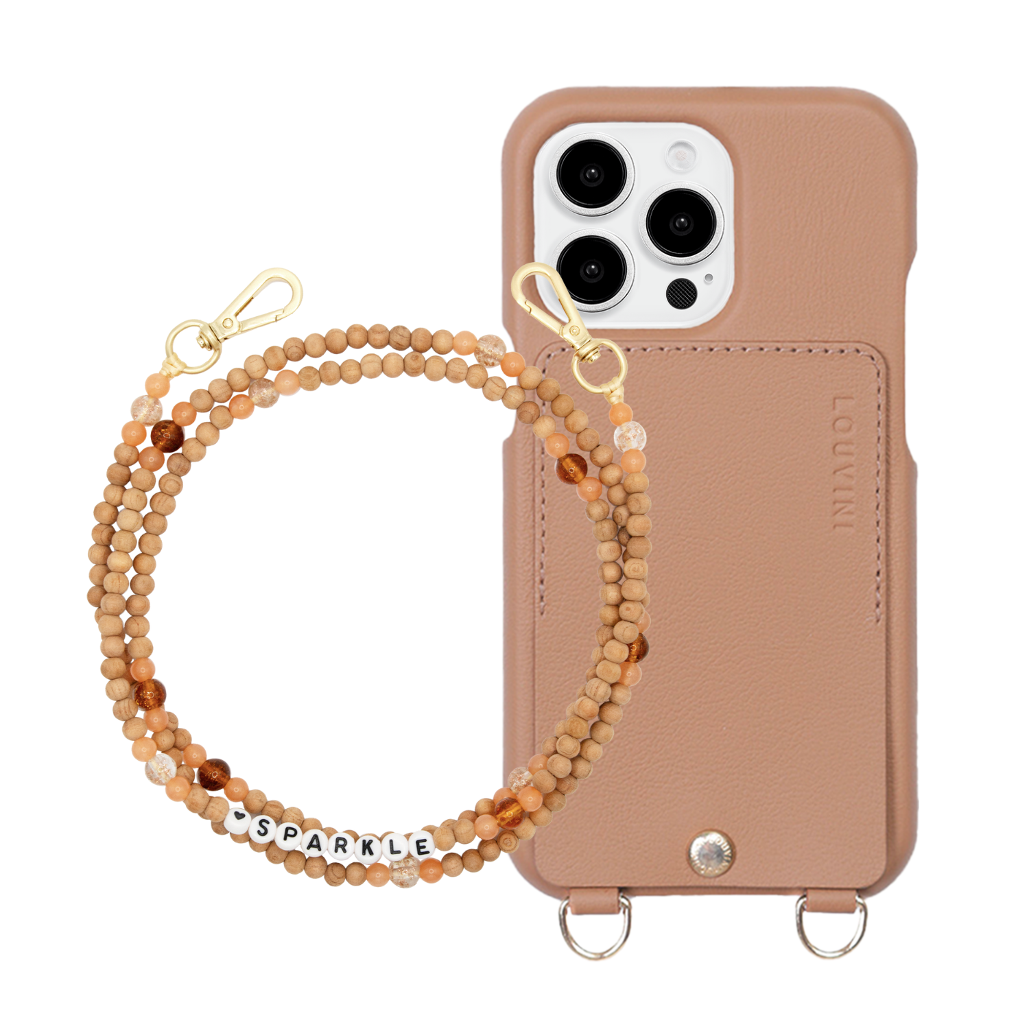 ensemble coque de téléphone avec étui en cuir camel et chaîne perle