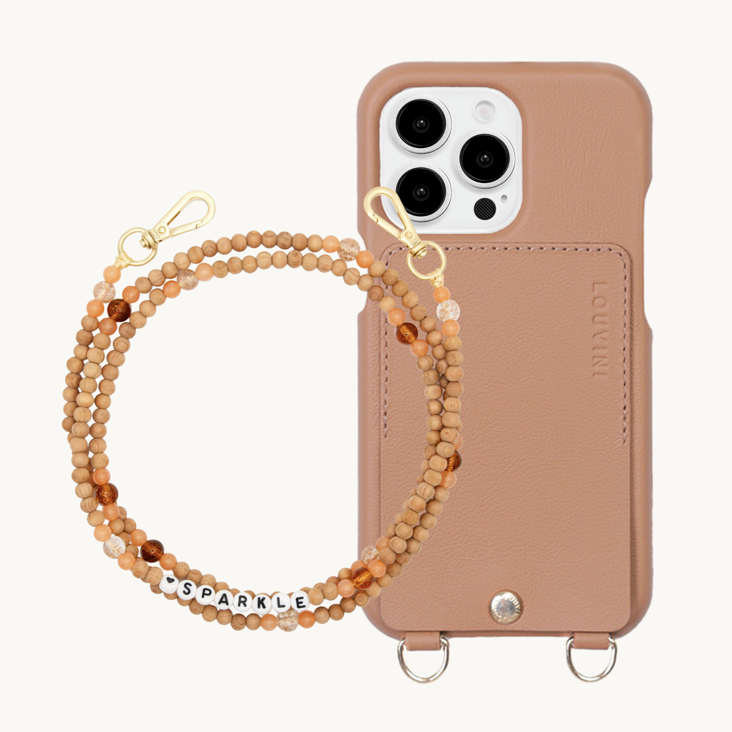 ensemble coque de téléphone avec étui en cuir camel et chaîne perle
