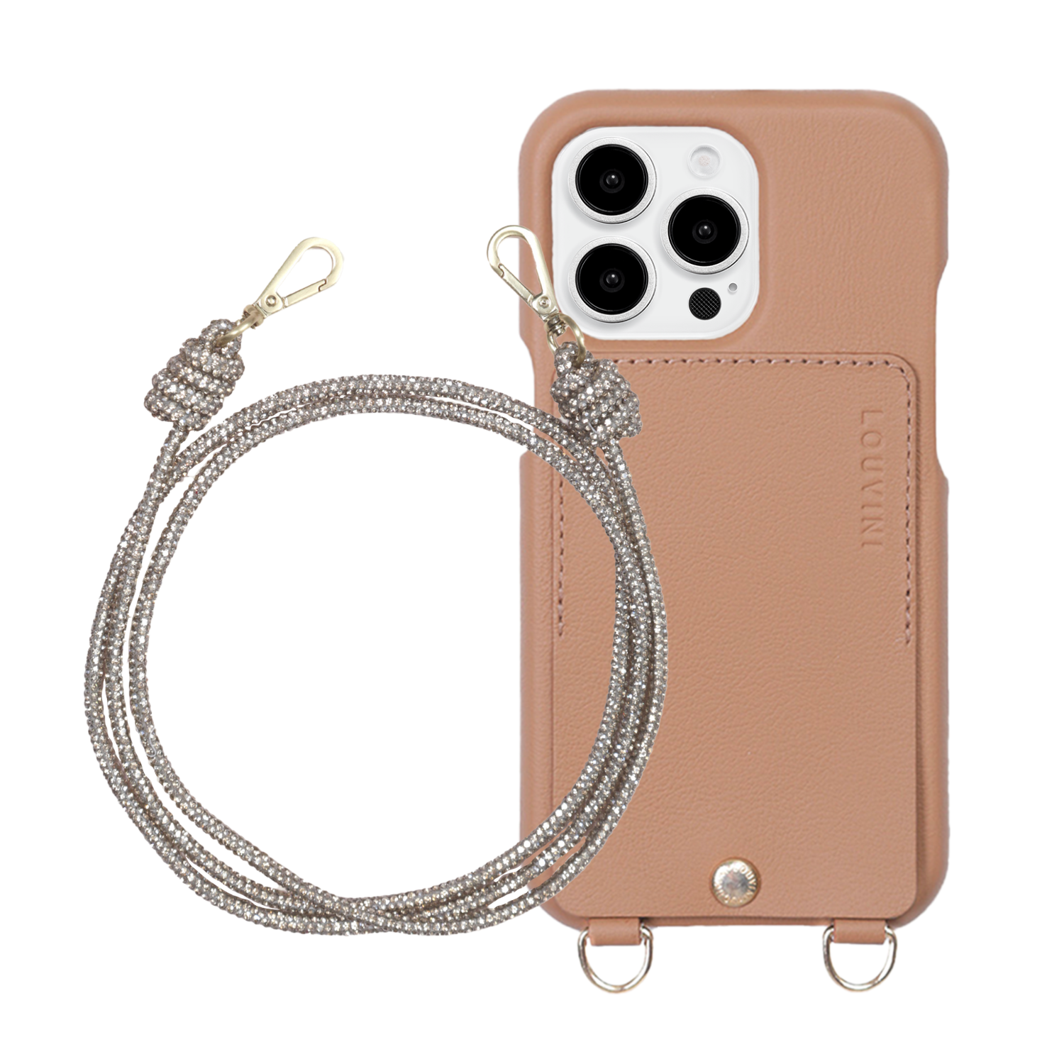 ensemble coque de téléphone avec étui en cuir camel et chaine paillette dore
