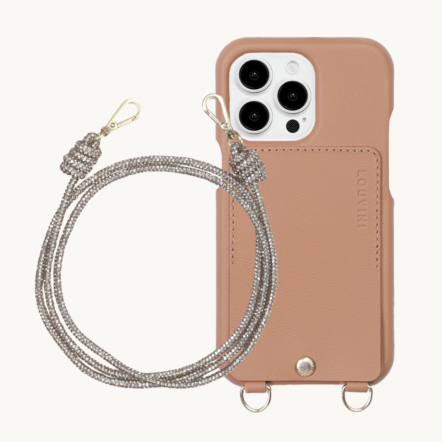 ensemble coque de téléphone avec étui en cuir camel et chaine paillette dore