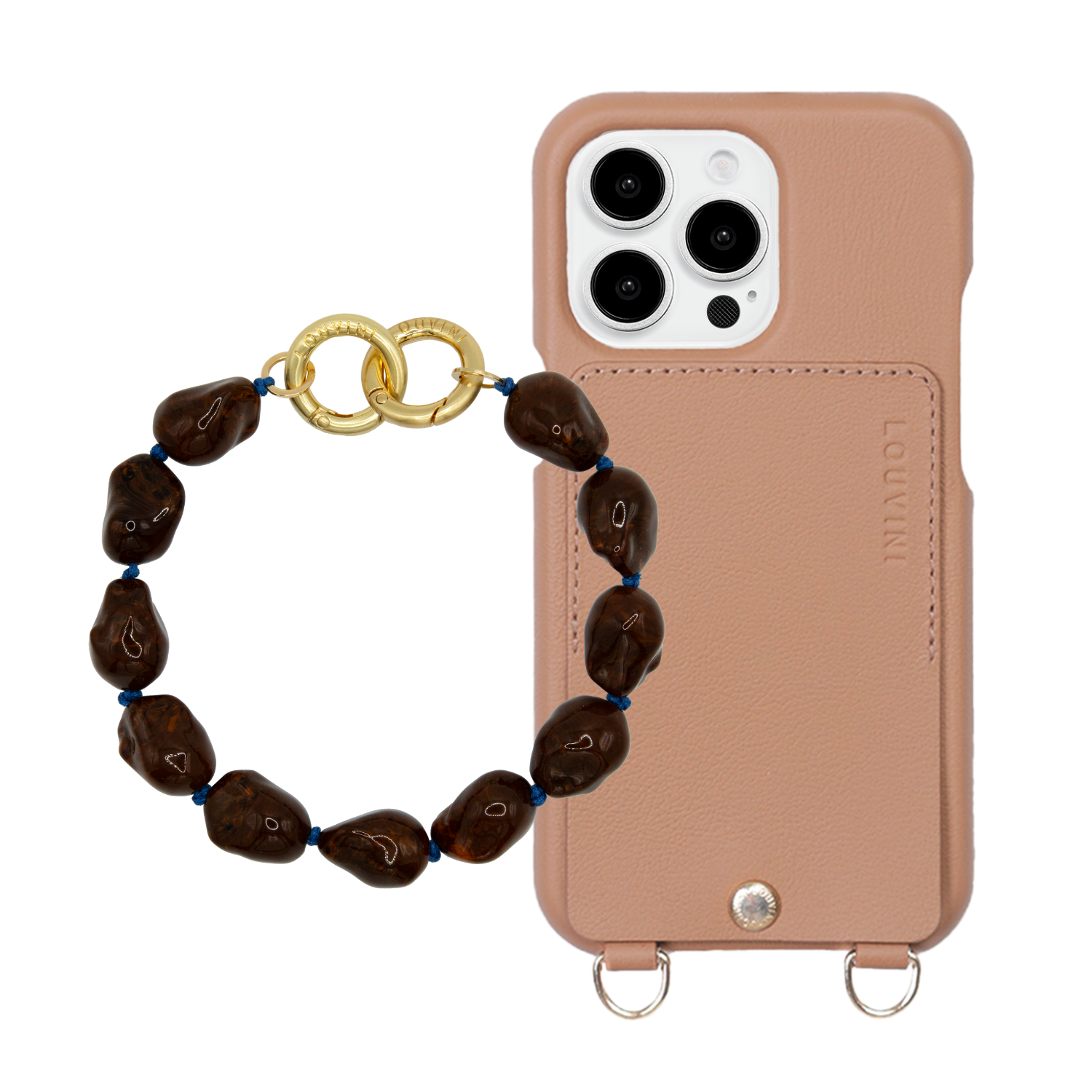 ensemble coque de téléphone avec étui en cuir camel et bracelet marron