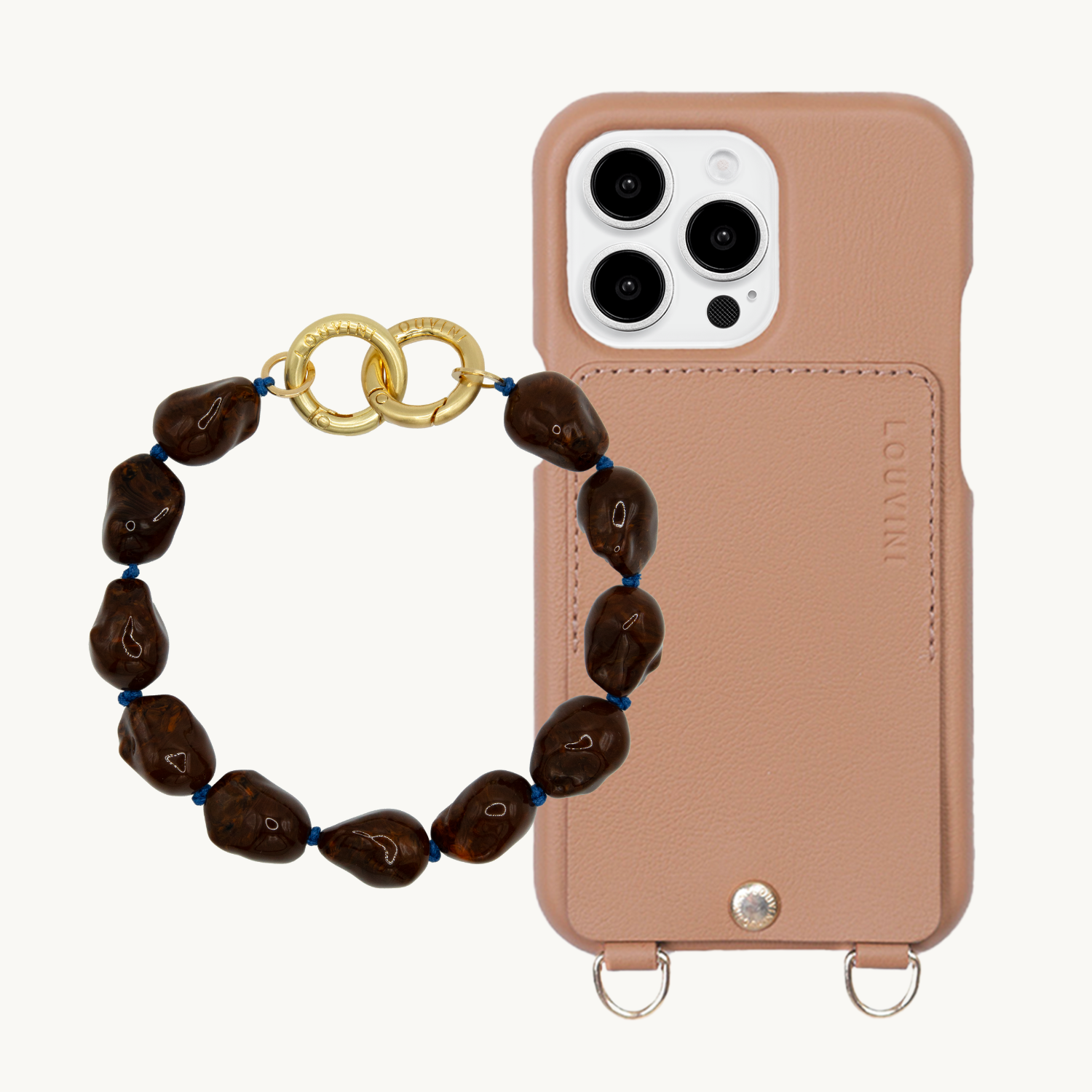 ensemble coque de téléphone avec étui en cuir camel et bracelet marron