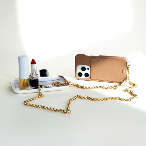 ensemble coque de téléphone  en cuir avec pochette et chaîne doré