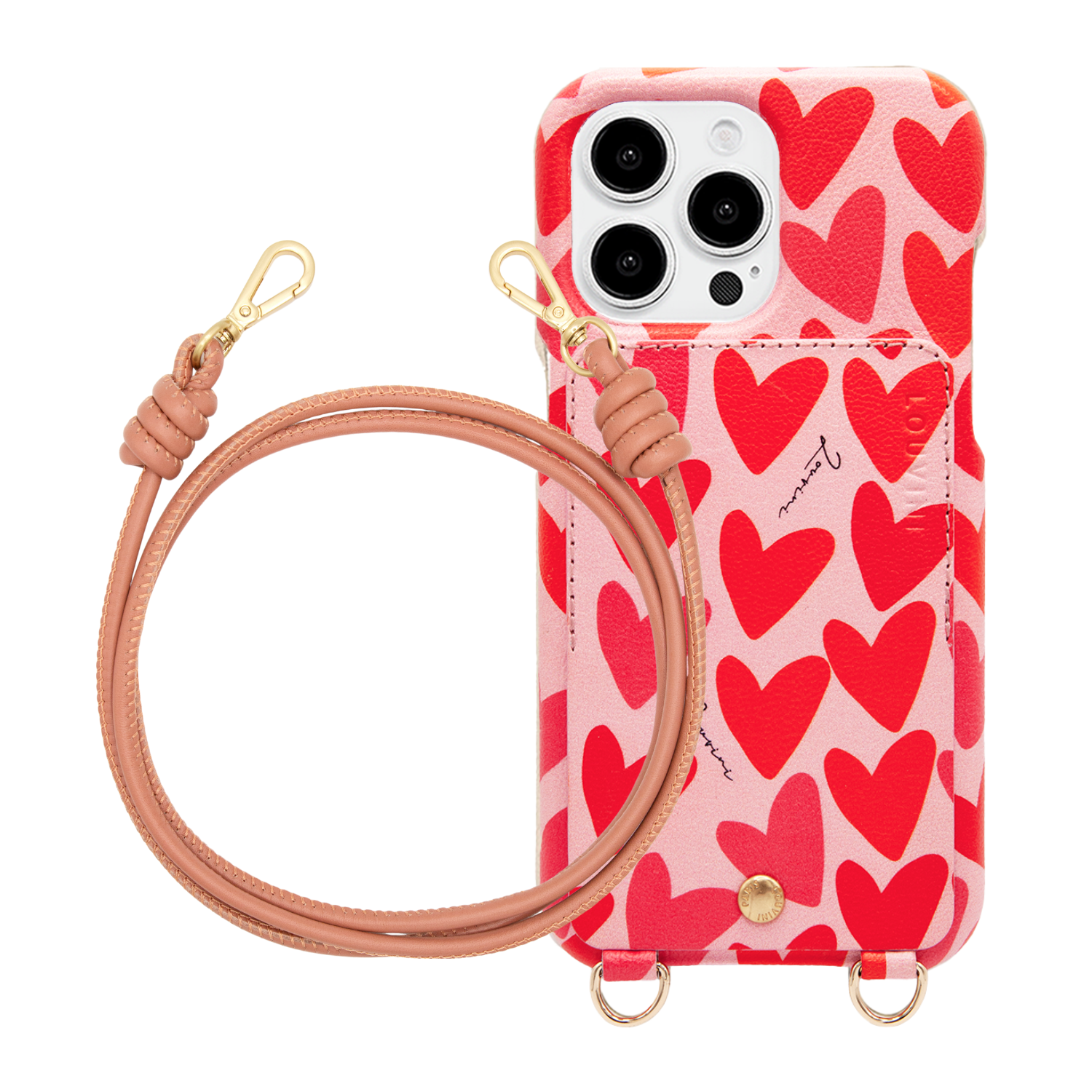 ensemble coque iPhone en cuir imprimé coeurs avec cordon en cuir