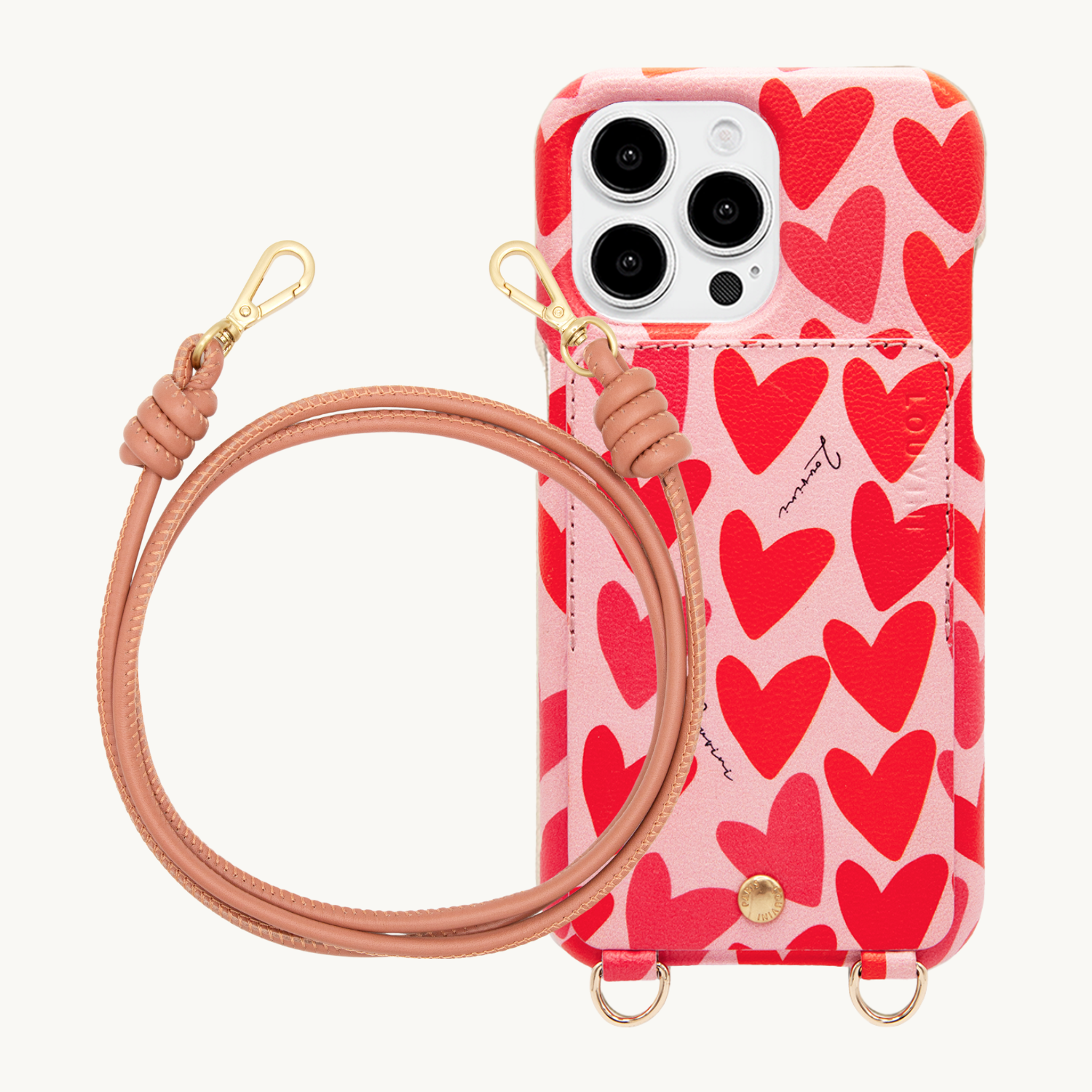 ensemble coque iPhone en cuir imprimé coeurs avec cordon en cuir