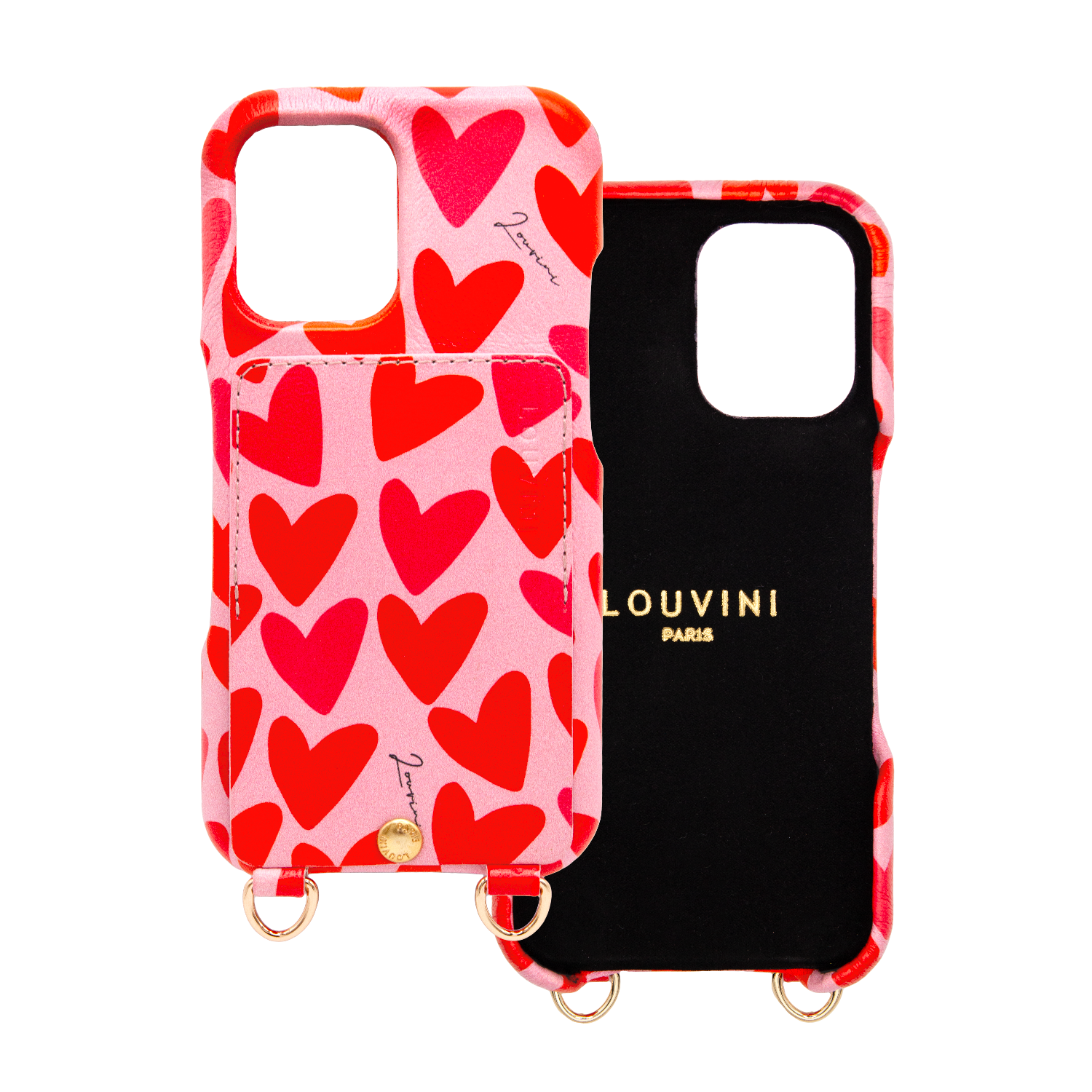 Coque iPhone cuir porte carte avec anneaux LOU - Coeurs