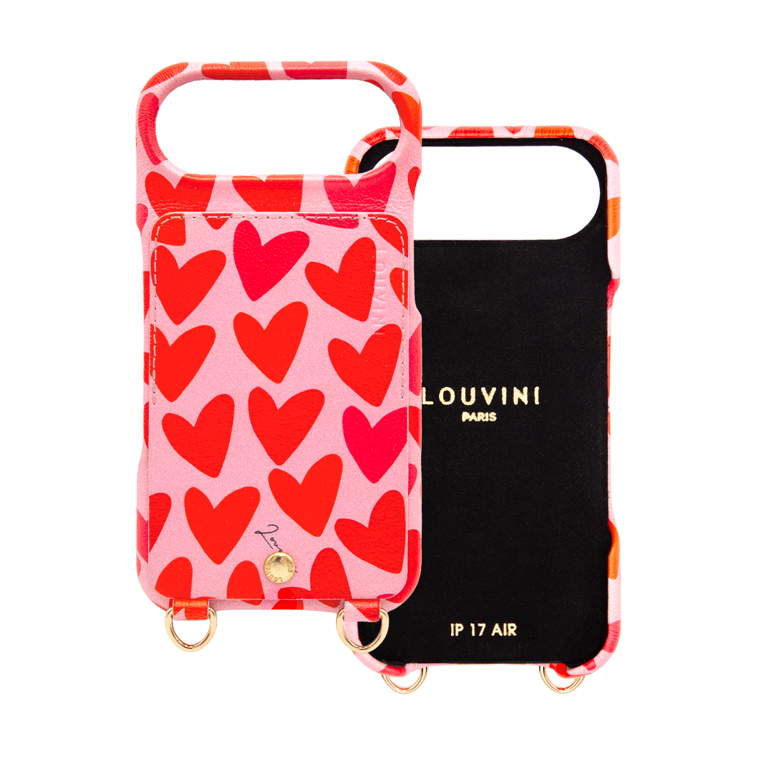 Coque iPhone cuir porte carte avec anneaux LOU - Coeurs