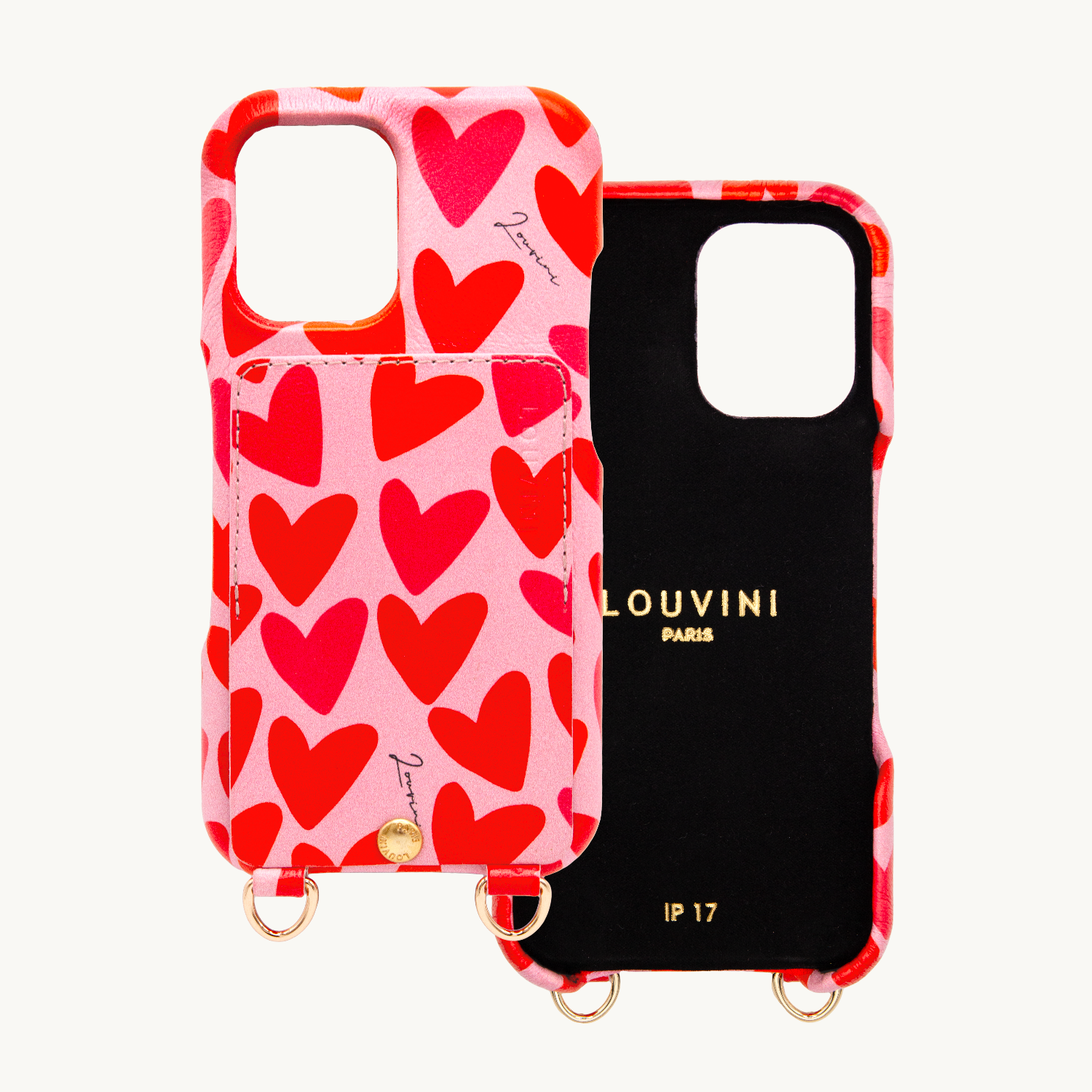 Coque iPhone cuir porte carte avec anneaux LOU - Coeurs