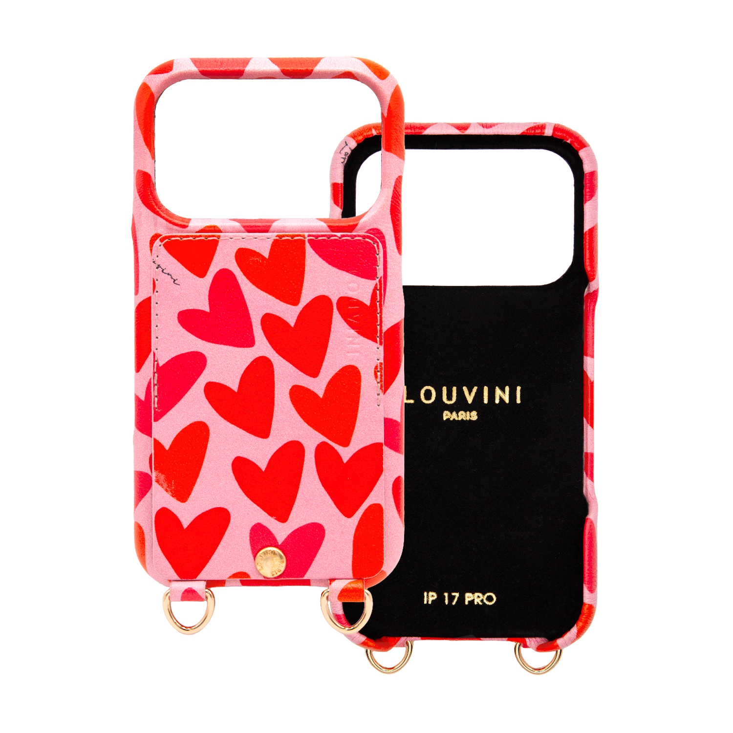 Coque pour iPhone en cuir imprimé coeurs rose rouge avec anneaux et porte carte iPhone 17 Pro