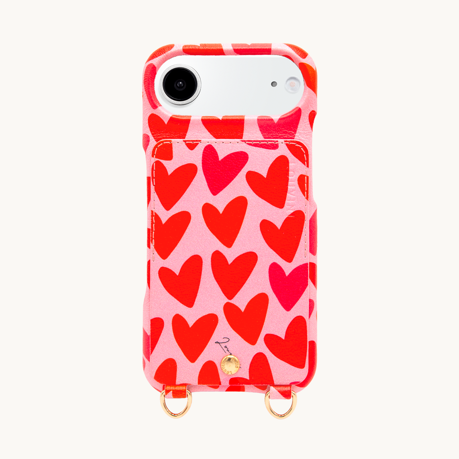 Coque iPhone cuir porte carte avec anneaux LOU - Coeurs