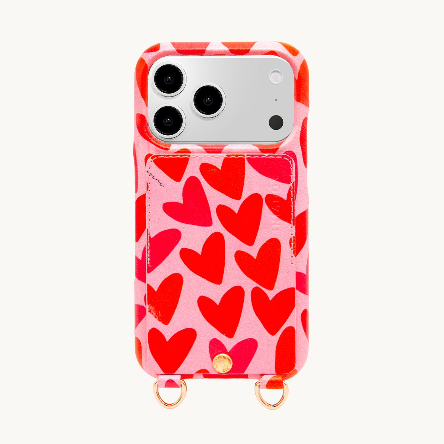 Coque iPhone cuir porte carte avec anneaux LOU - Coeurs